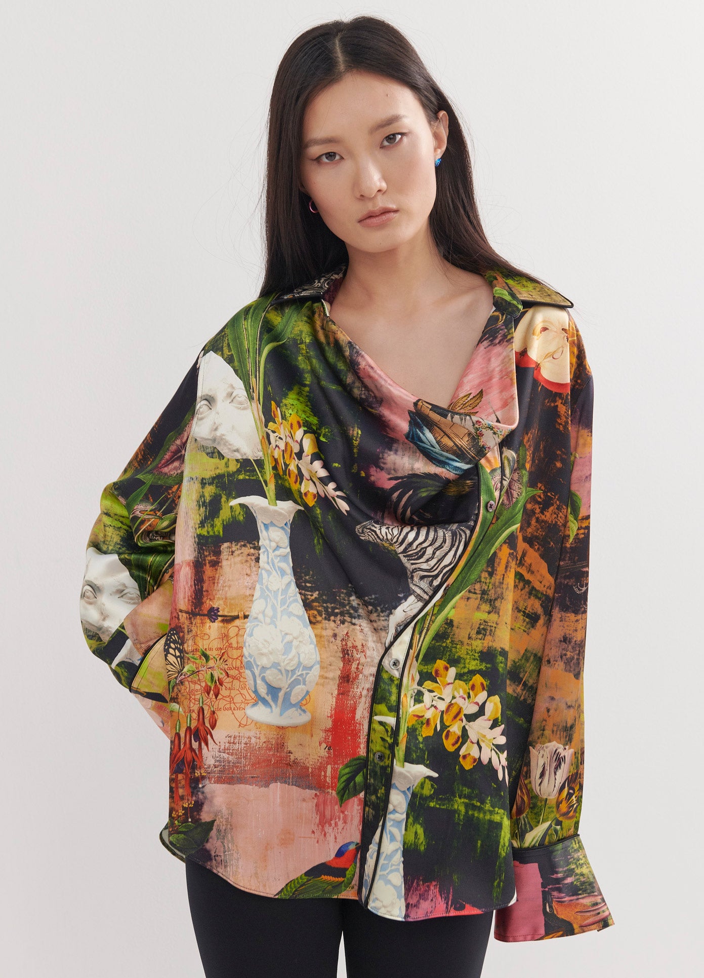 MONSE Print Cowl Blouse in Print Multi on Model Front View