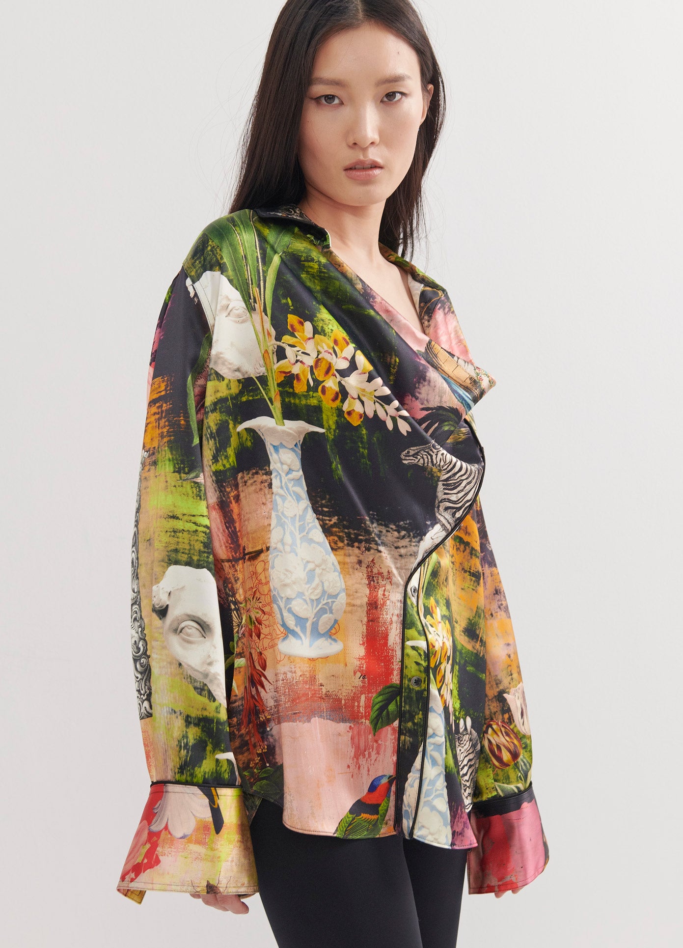 MONSE Print Cowl Blouse in Print Multi on Model Side View