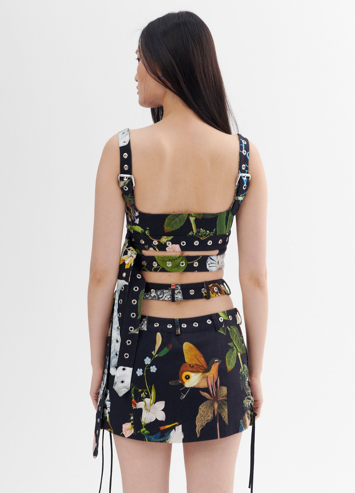 MONSE Print Criss Cross Mini Skirt in Black Print on Model Back View