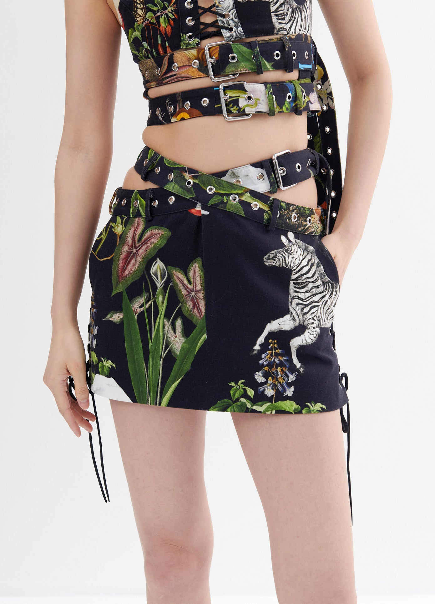 MONSE Print Criss Cross Mini Skirt in Black Print on Model Front Detail View