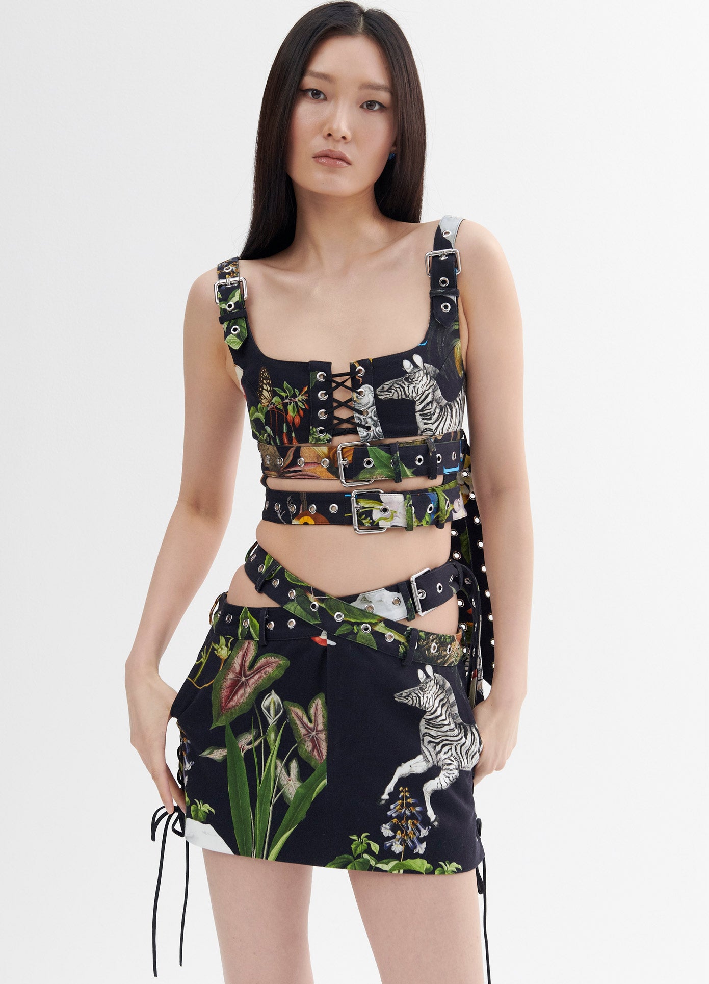 MONSE Print Criss Cross Mini Skirt in Black Print on Model Front View