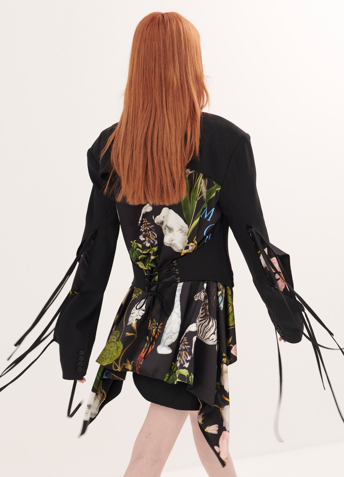 MONSE Print Detail Jacket in Black Print on Model Walking Back View