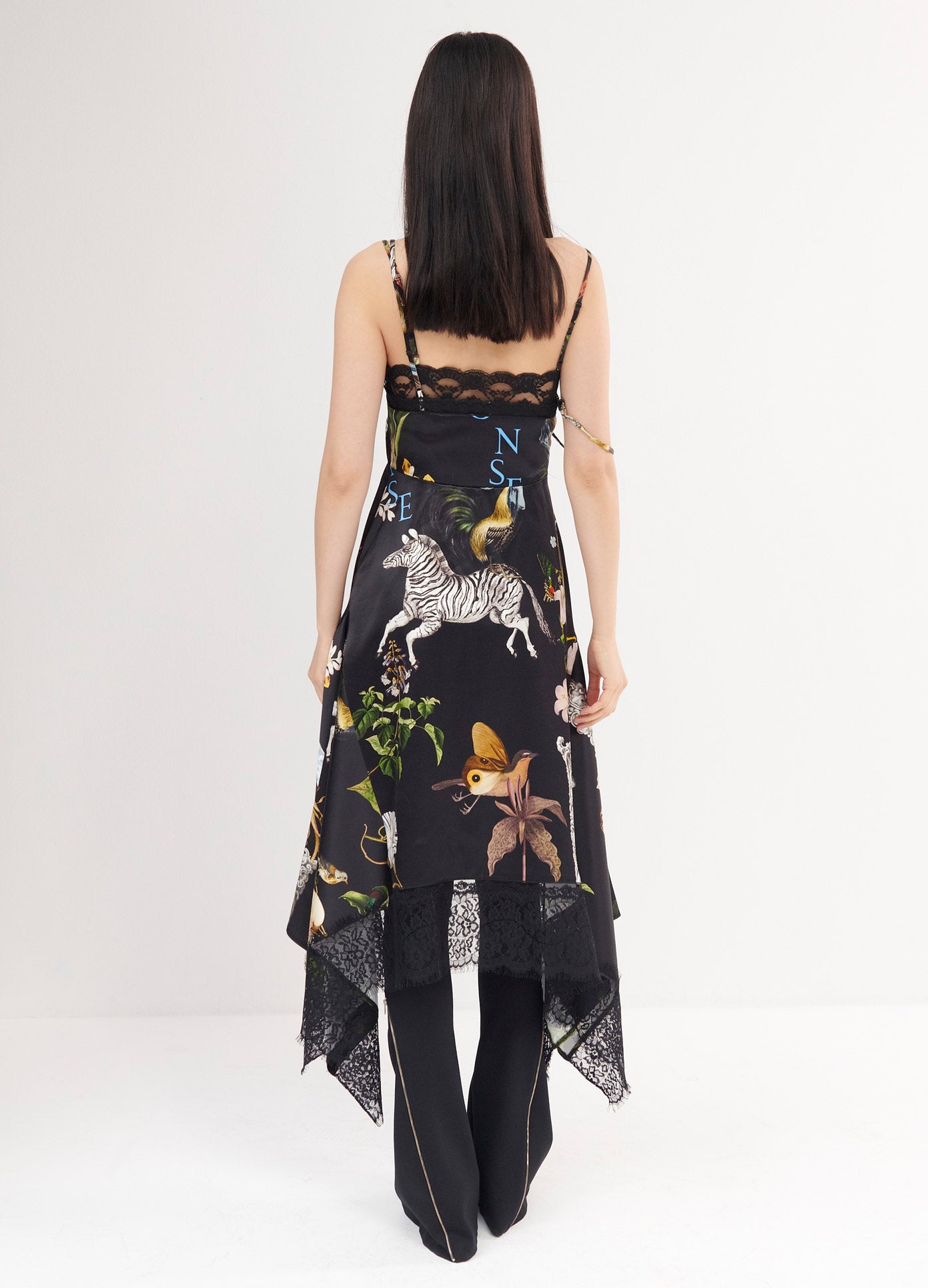 MONSE Print Lace Slip Dress in Black Multi on Model Full Back View