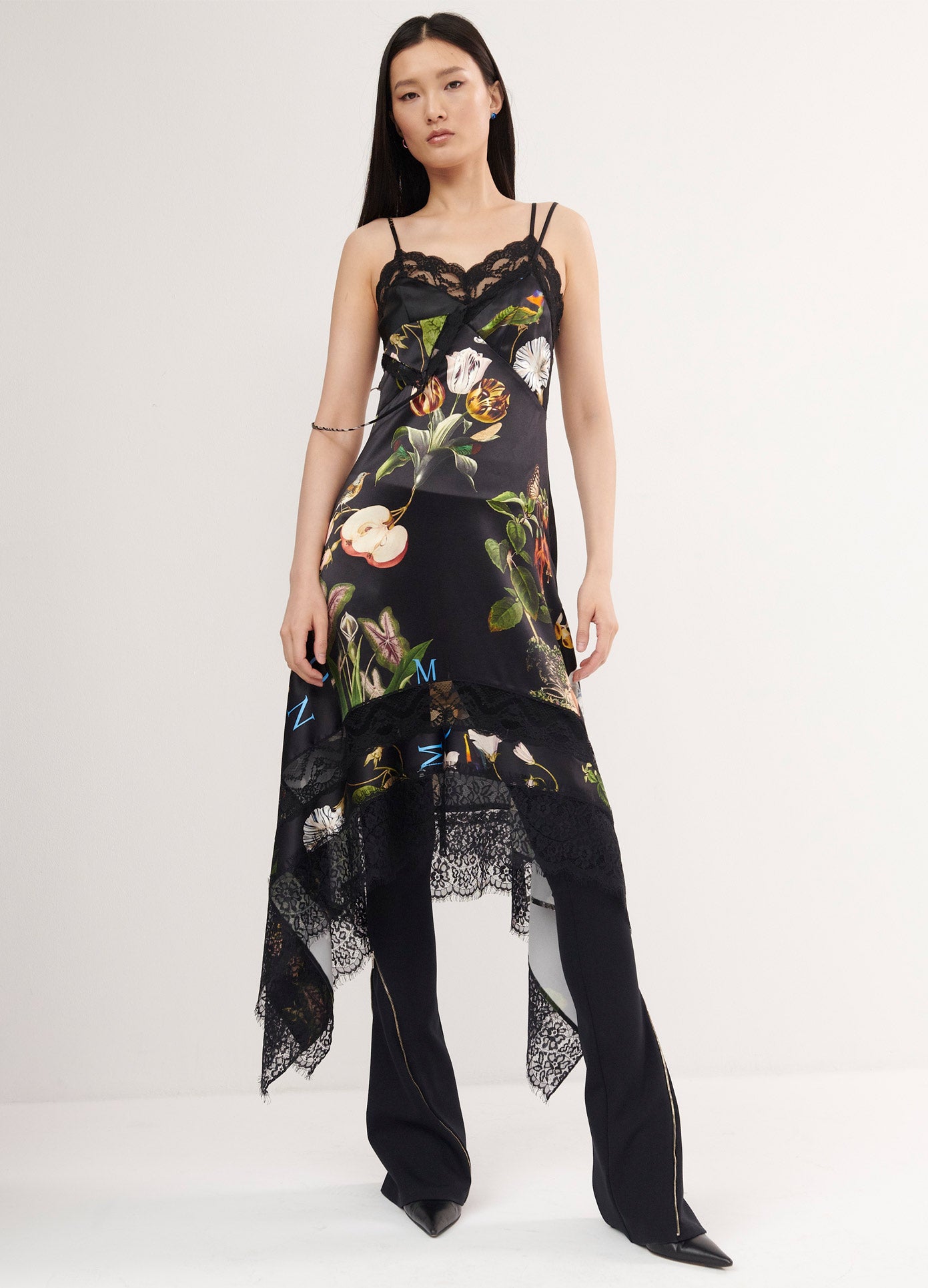 Print Lace Slip Dress in Black Print 4-Ply Satin