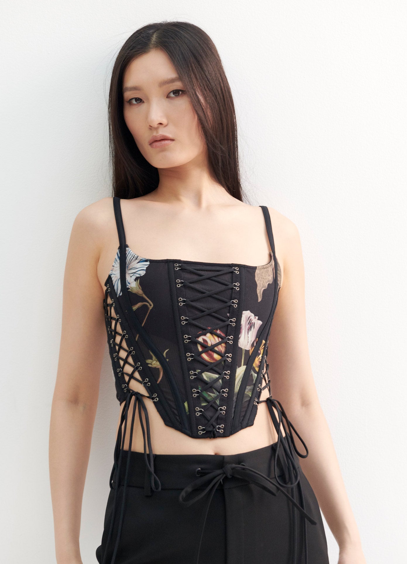 MONSE Print Laced Bustier in Black Print on Model Detail Front View