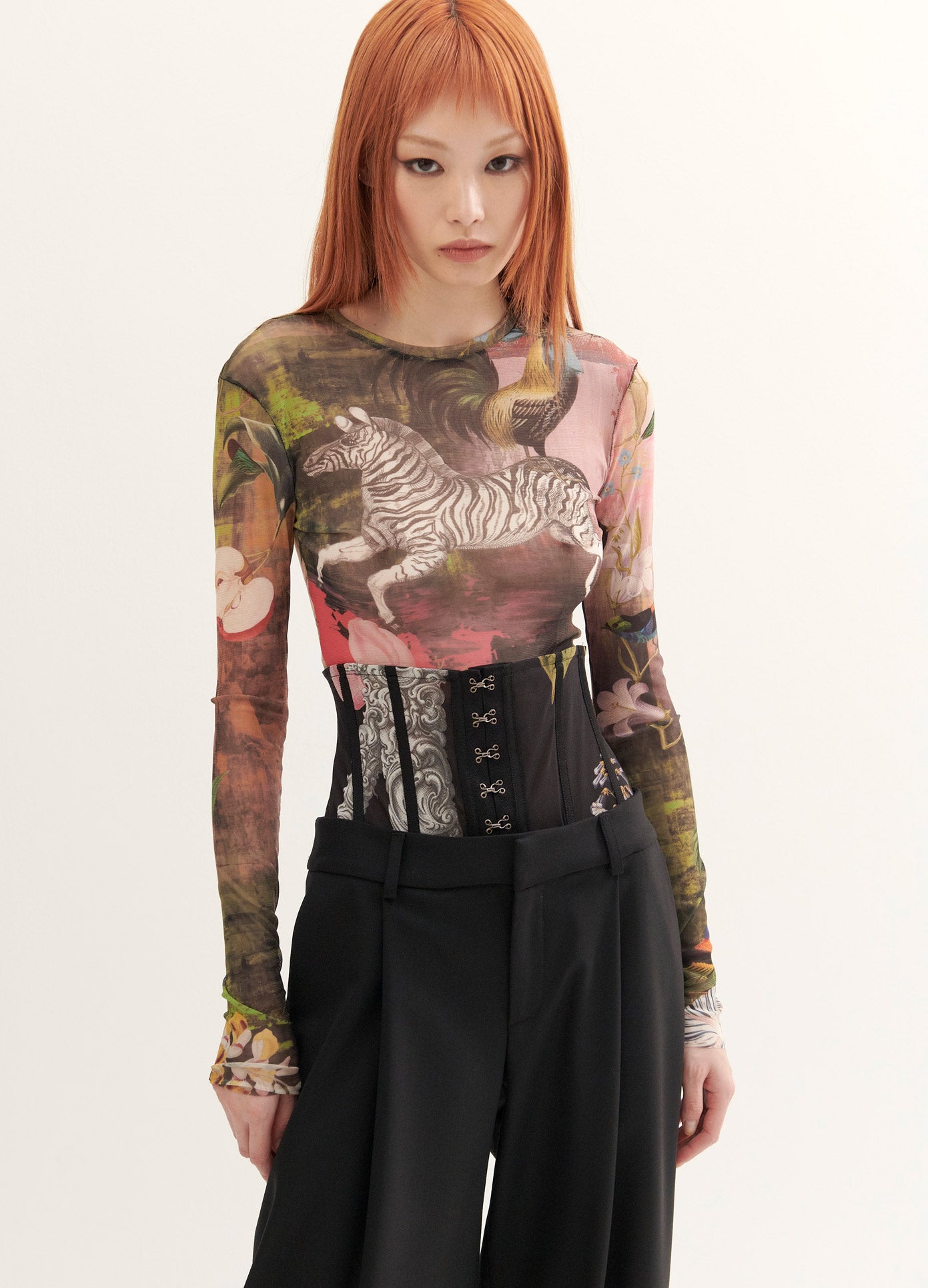 MONSE Print Mesh Top in Print Multi on Model Front View