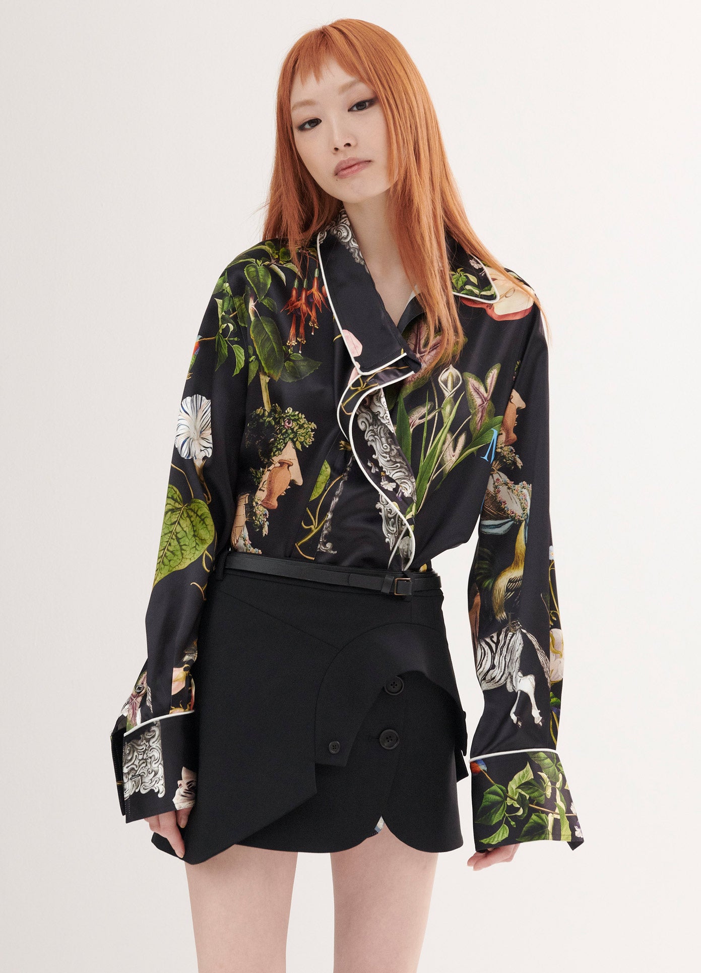 MONSE Print Pyjama Blouse in Black Print on Model Front View