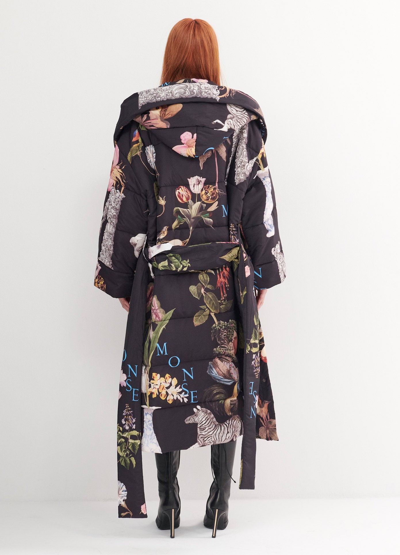 MONSE Print Robe Quilted Coat in Black Print on Model Back View