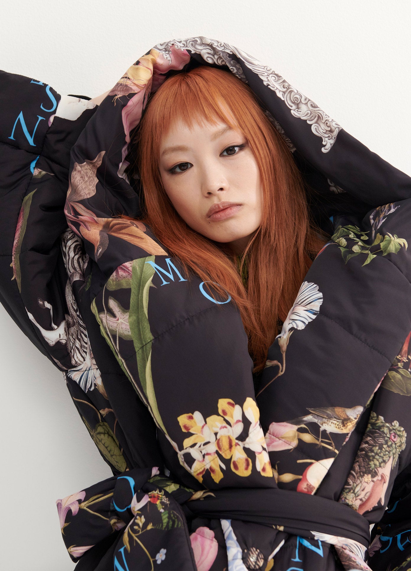 MONSE Print Robe Quilted Coat in Black Print on Model Front Detail View