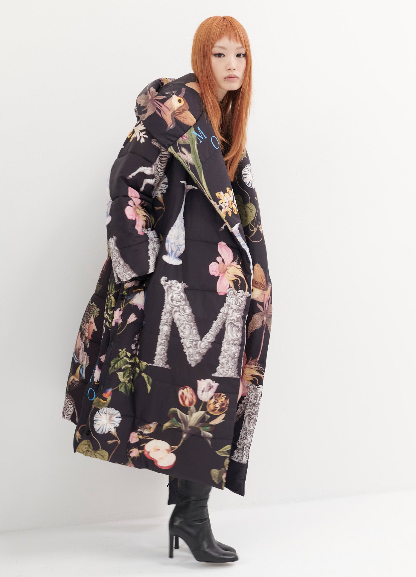 MONSE Print Robe Quilted Coat in Black Print on Model Side View