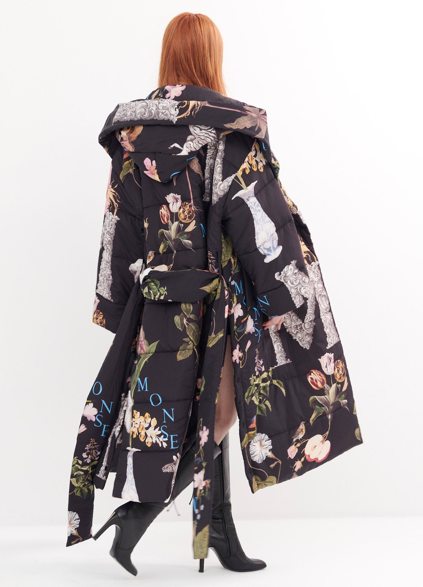 MONSE Print Robe Quilted Coat in Black Print on Model Walking Back View