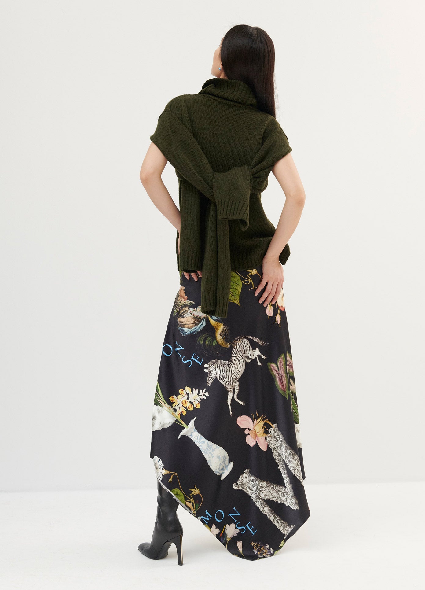MONSE Print Satin Long Draped Skirt in Black Print on Model Back View