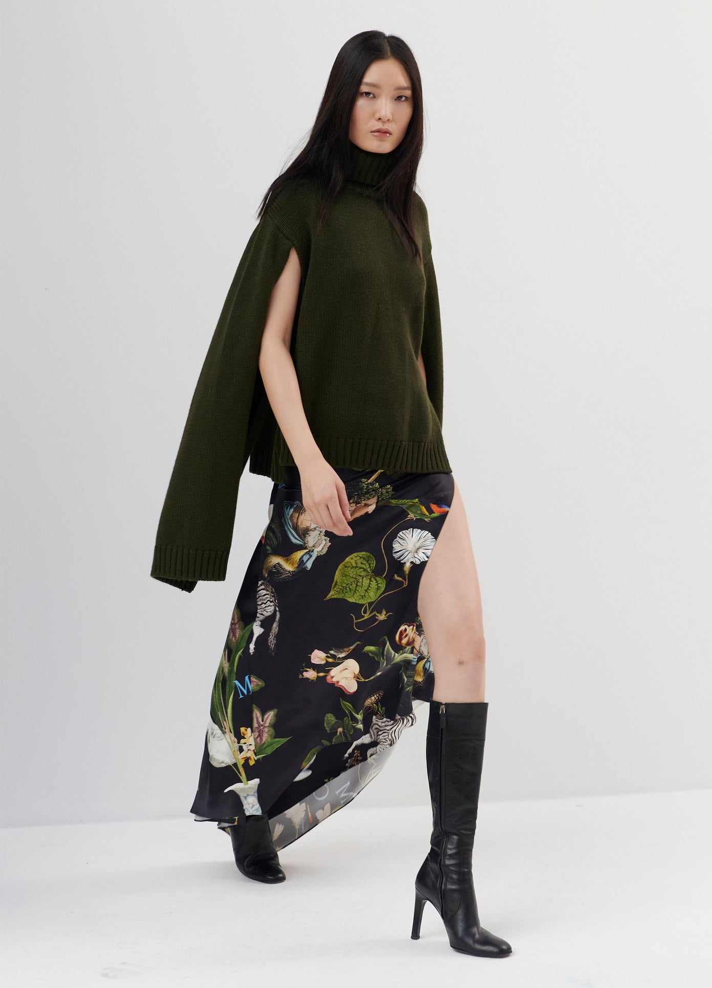 MONSE Print Satin Long Draped Skirt in Black Print on Model Walking Front View