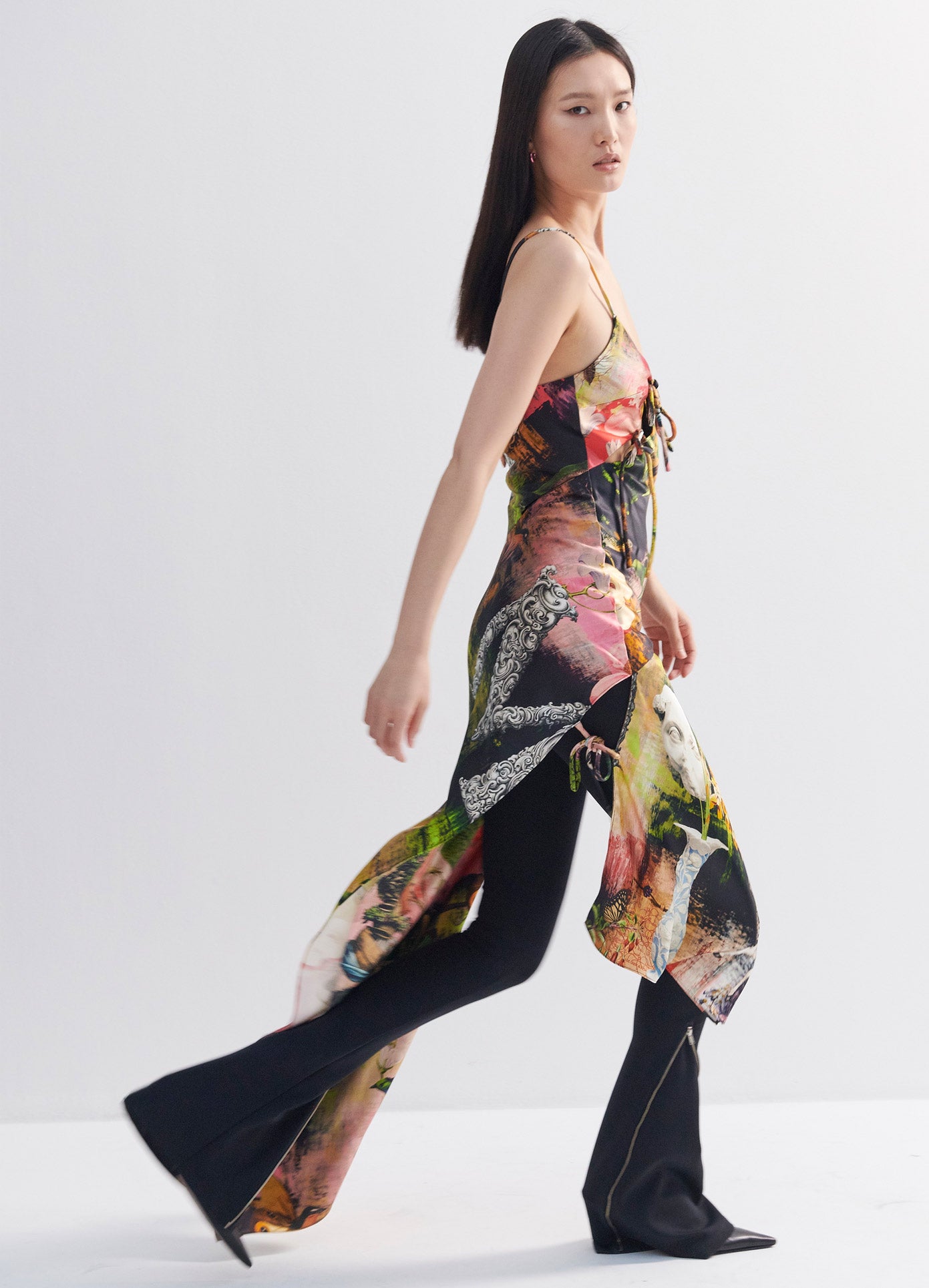 MONSE Print Slip Dress in Print Multi on Model Running Right Side View