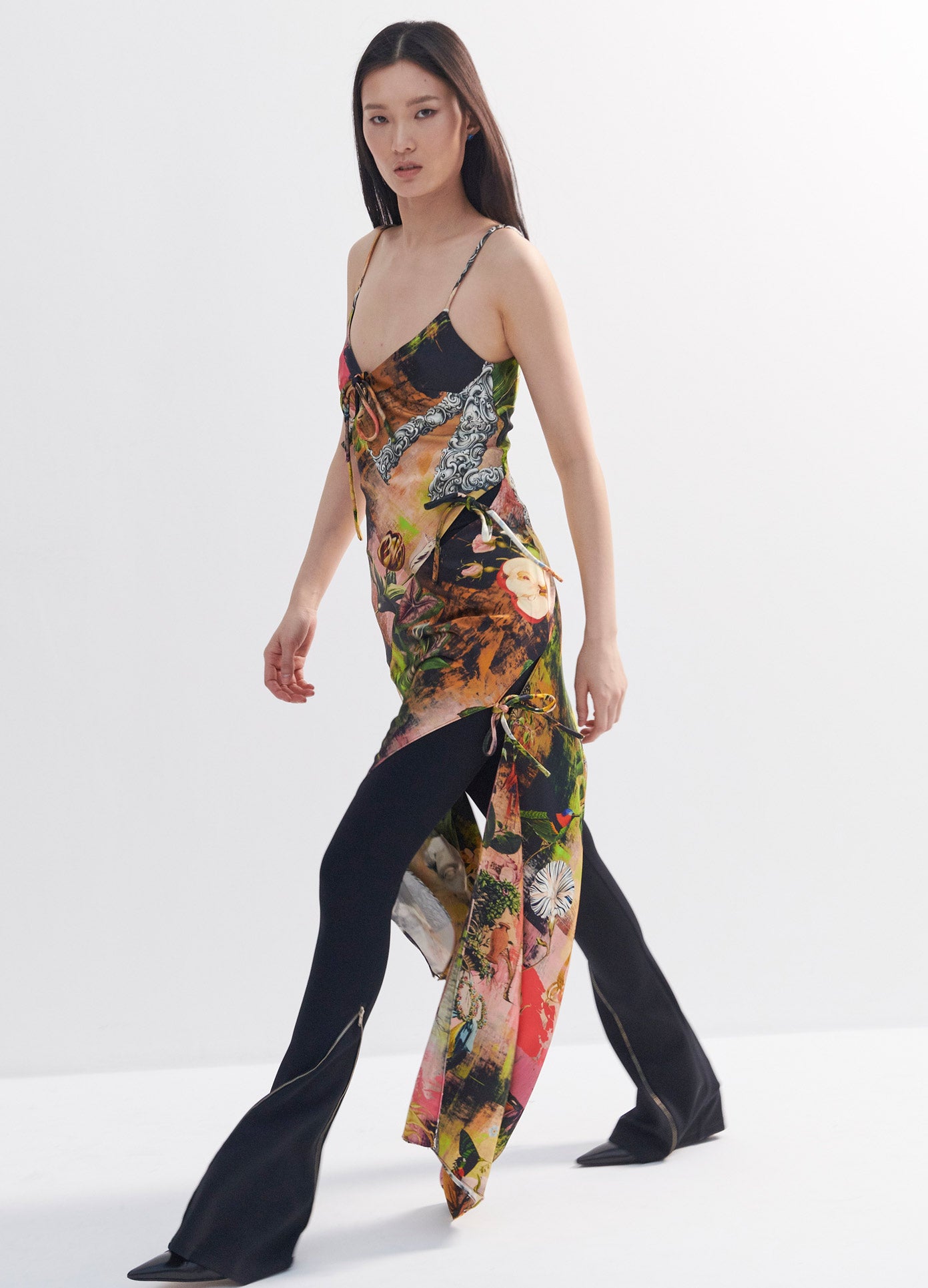 MONSE Print Slip Dress in Print Multi on Model Walking Left Side View