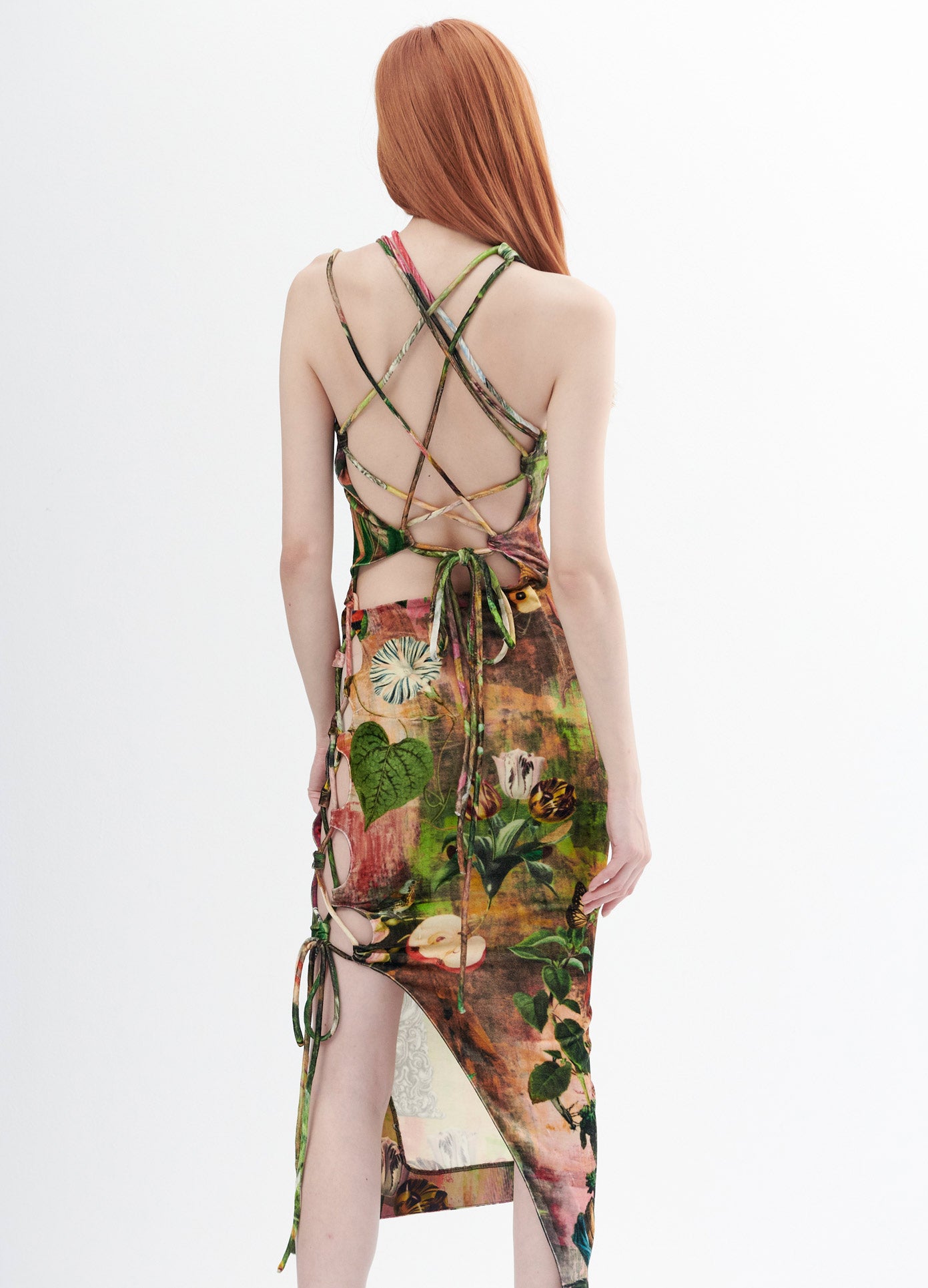 MONSE Print Velvet Lace Up Dress in Print Multi on Model Back View