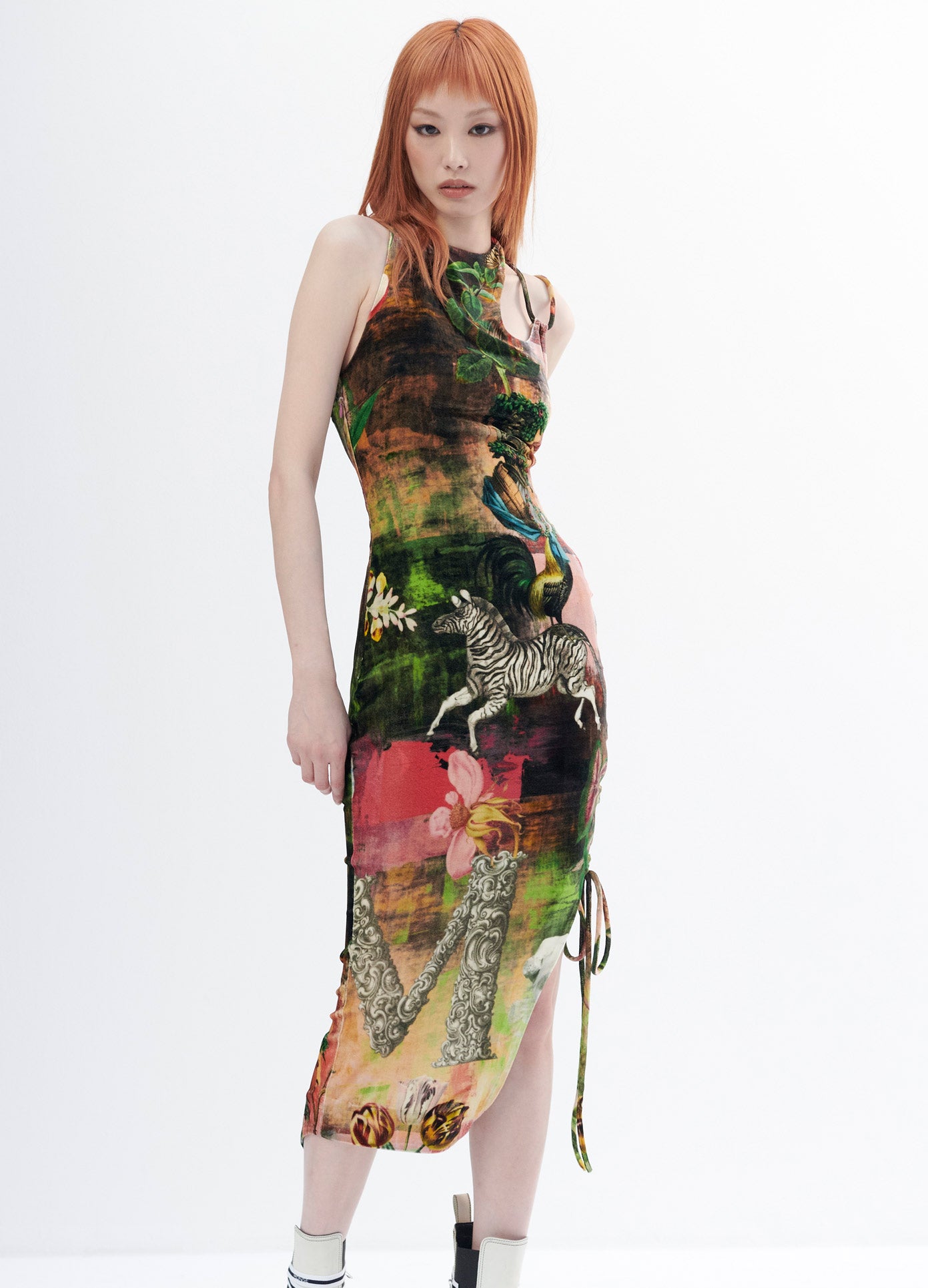 MONSE Print Velvet Lace Up Dress in Print Multi on Model Front Main View