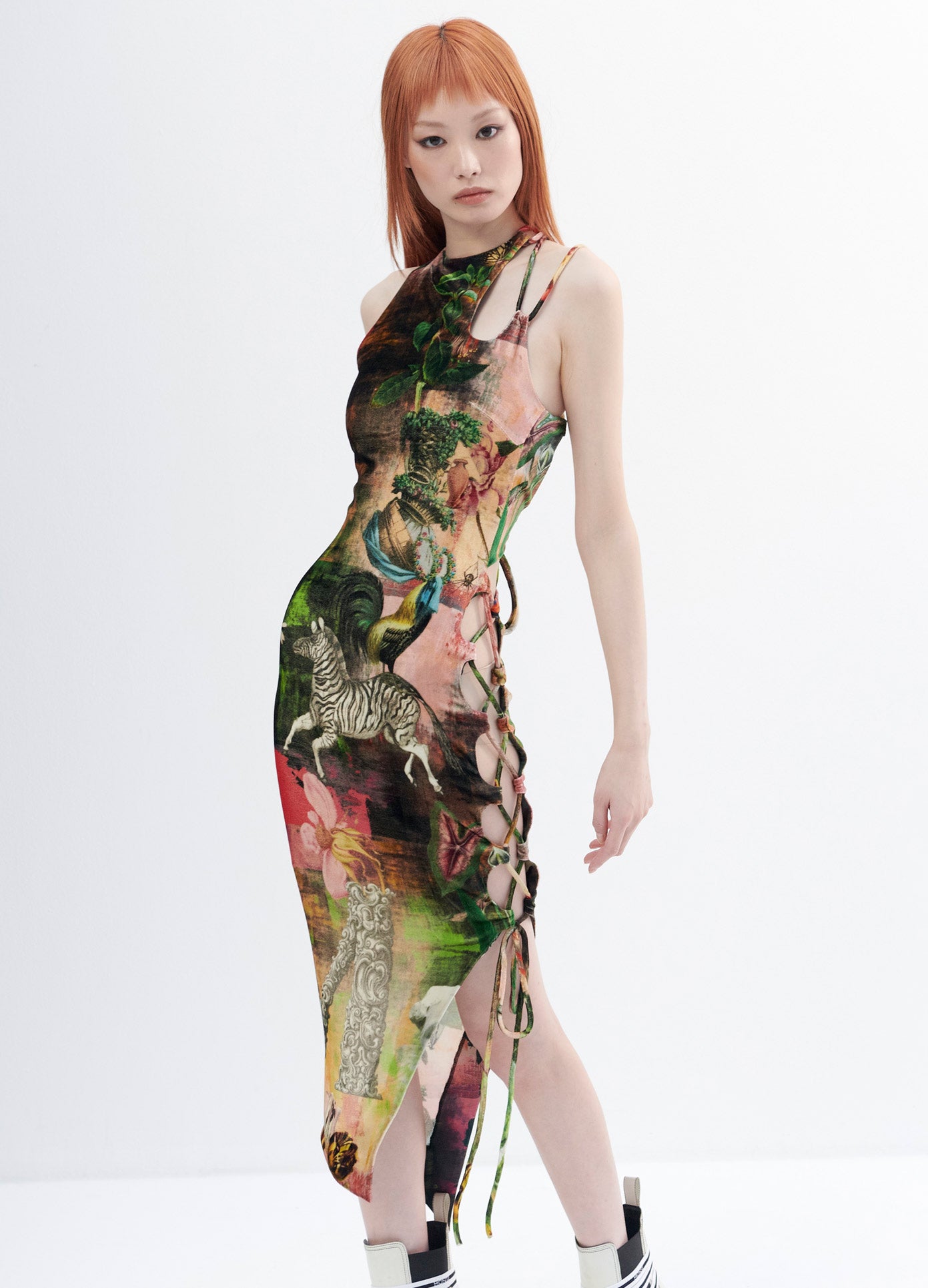 MONSE Print Velvet Lace Up Dress in Print Multi on Model Front View