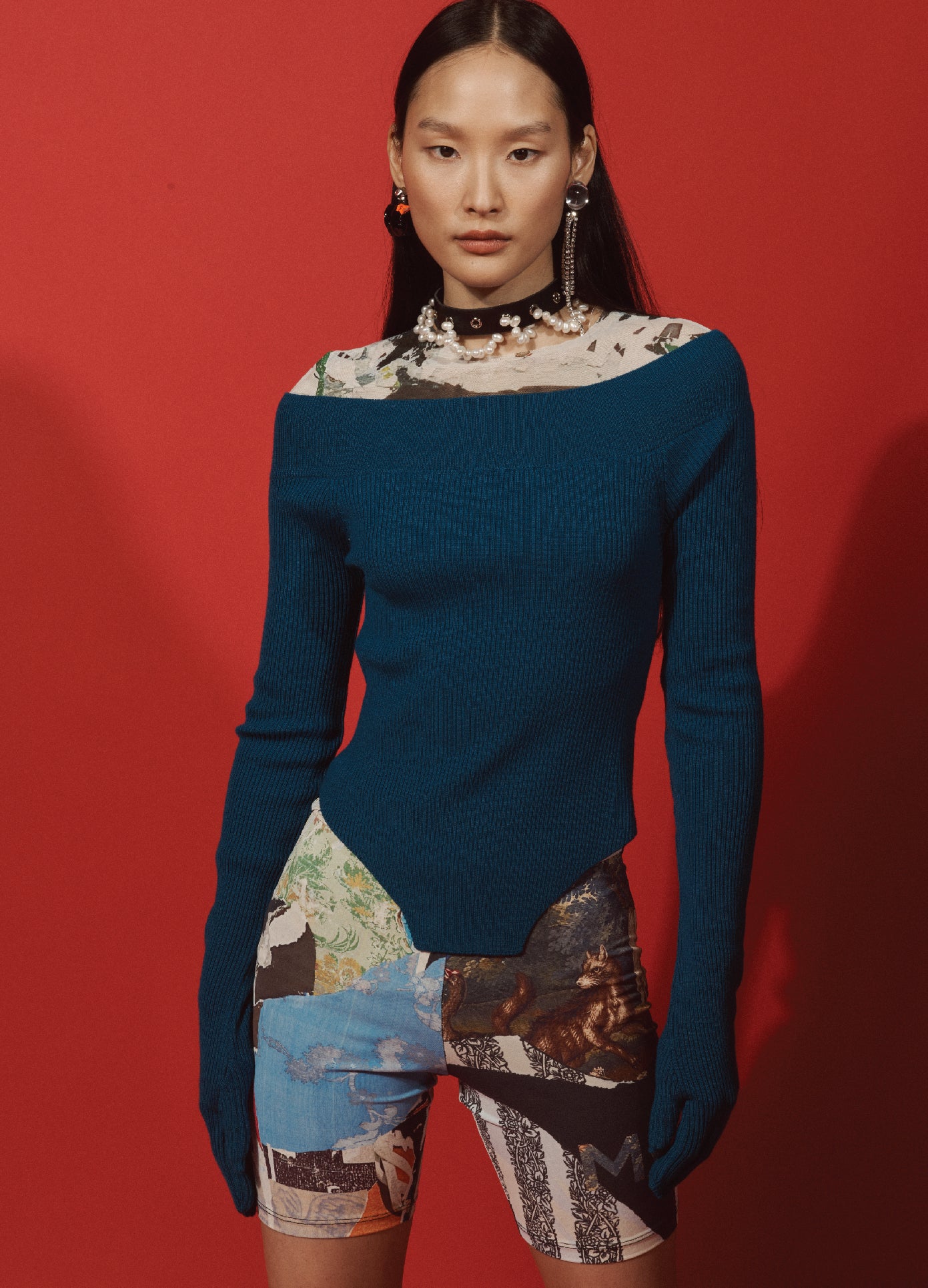 MONSE Printed Bike Short in Black Multi on Asian Model Lookbook Front View
