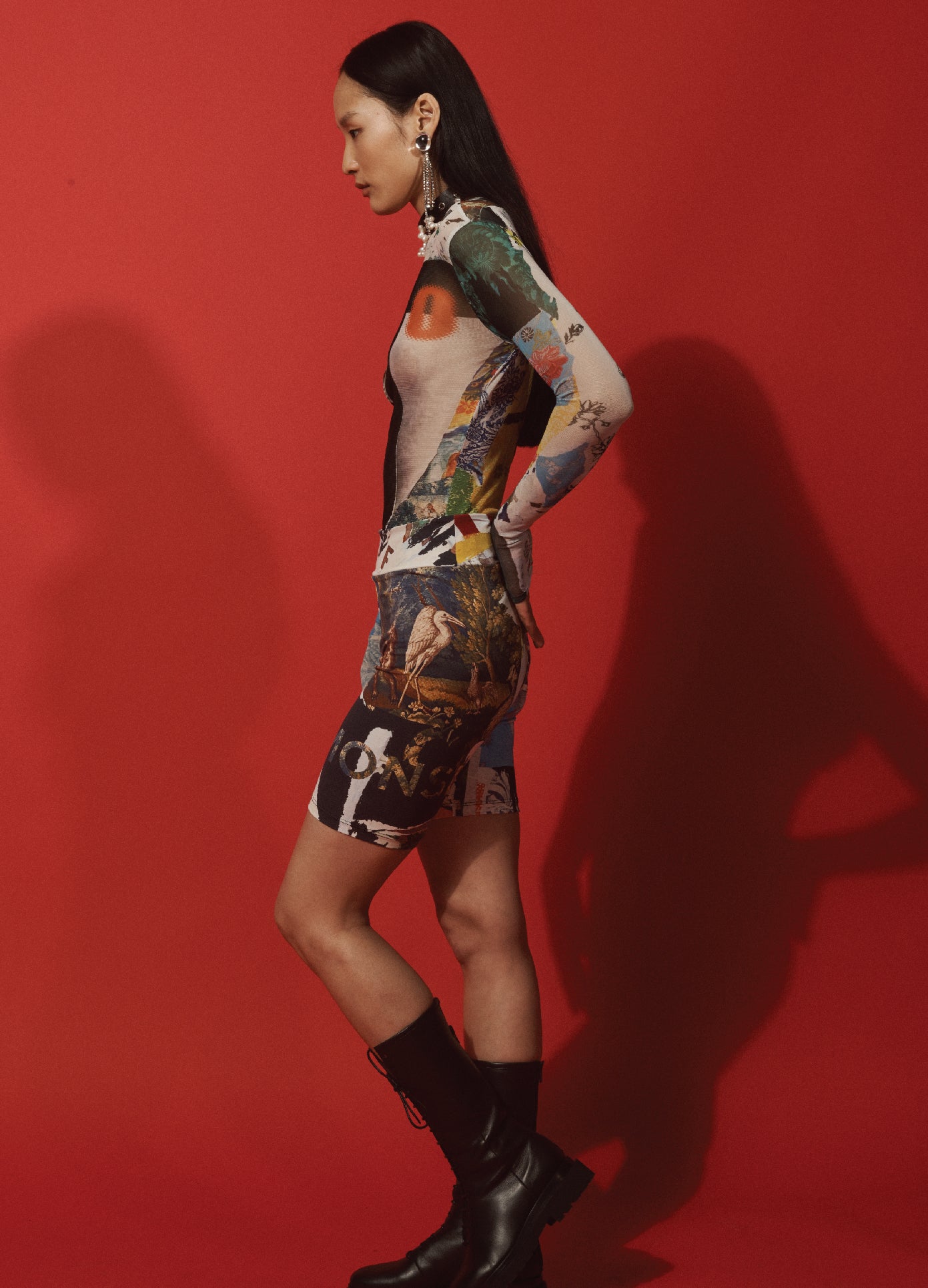 MONSE Printed Bike Short in Black Multi on Model Lookbook Full Side View