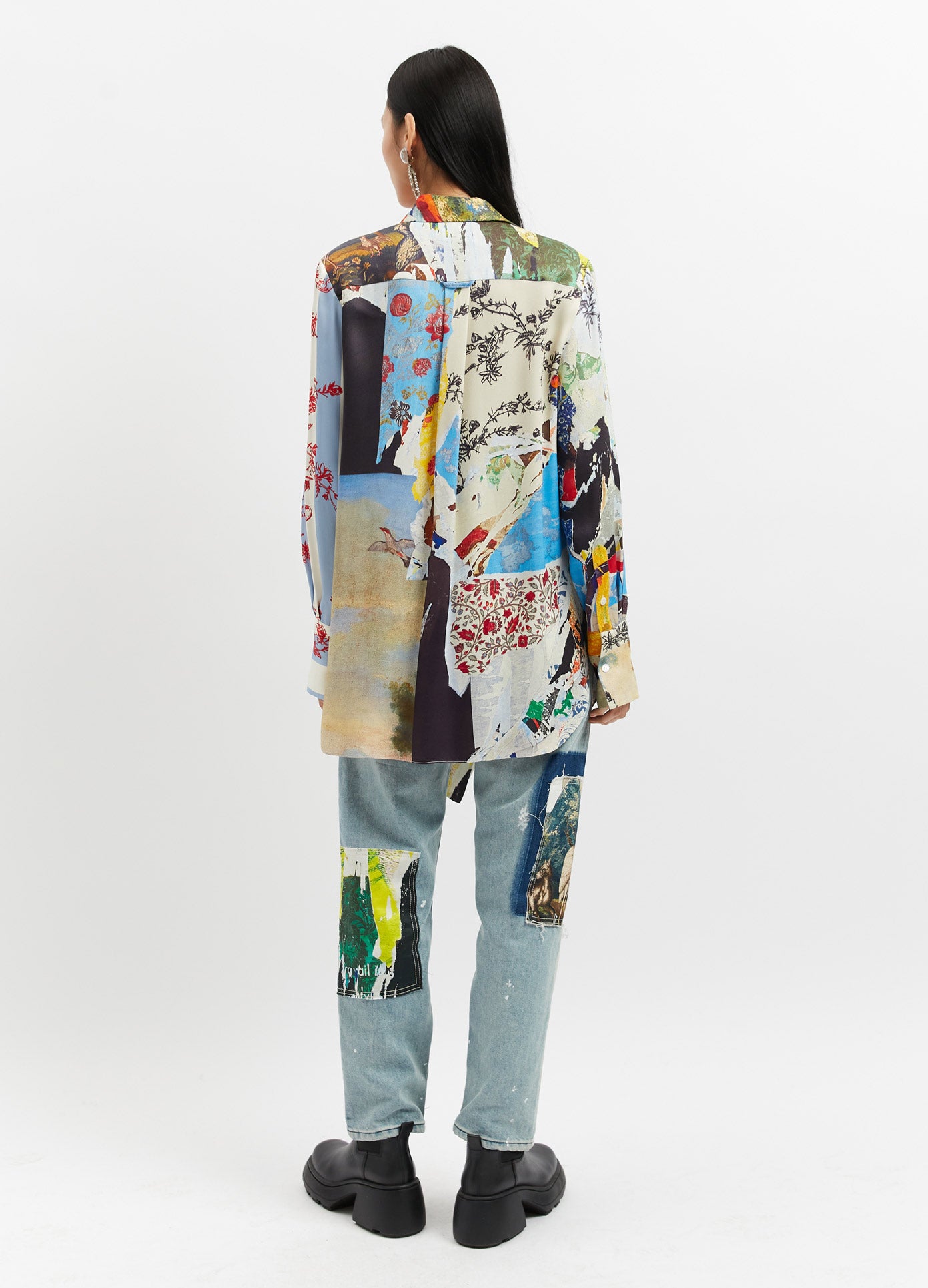 MONSE Printed Falling Front Shirt in Black Multi on Model Full Back View