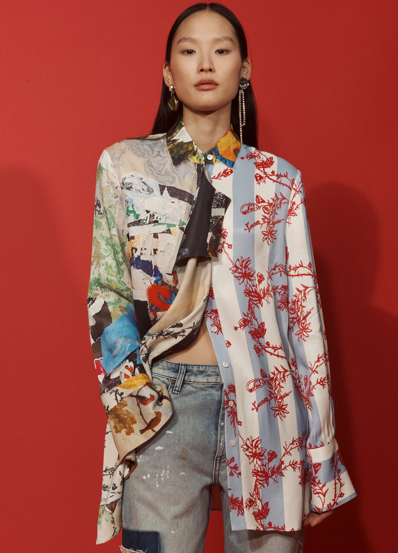 MONSE Printed Falling Front Shirt in Black Multi on Model Lookbook Front View