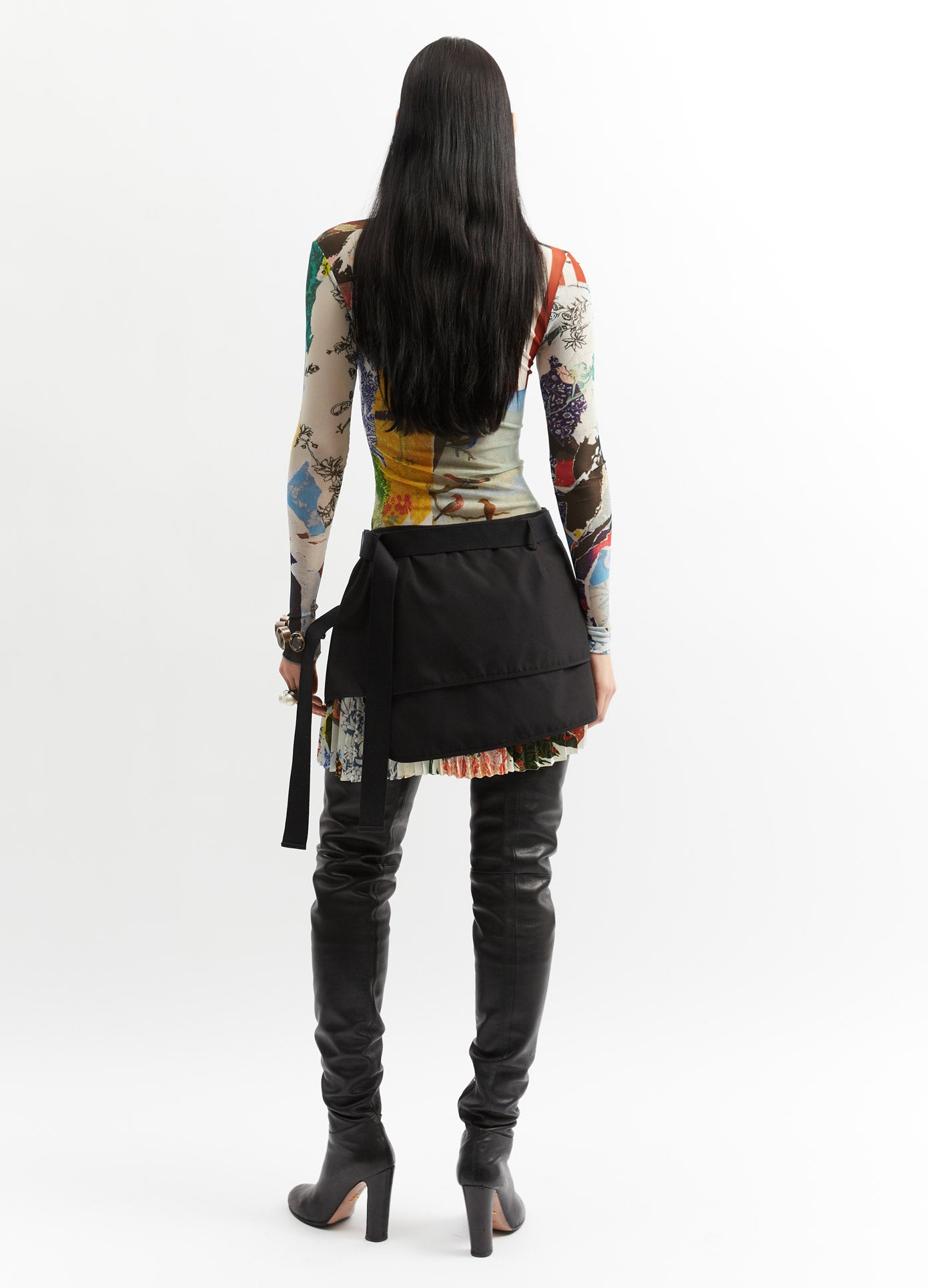 MONSE Printed Mesh Top in Black Multi on Model Full Back View