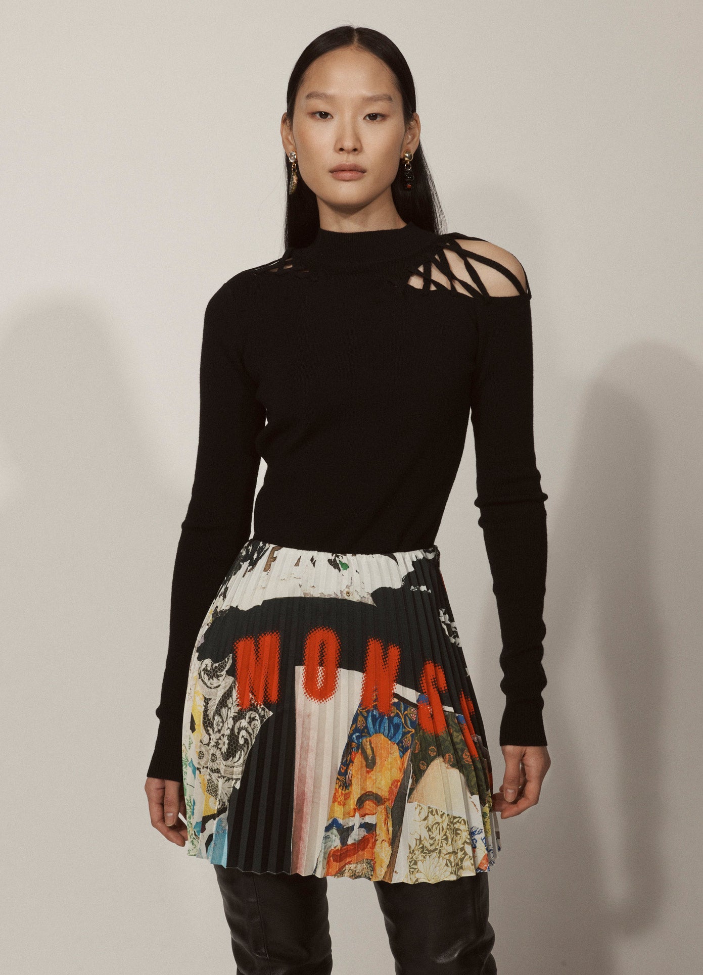 MONSE Printed Pleated Skirt in Black Multi on Model Lookbook Front View