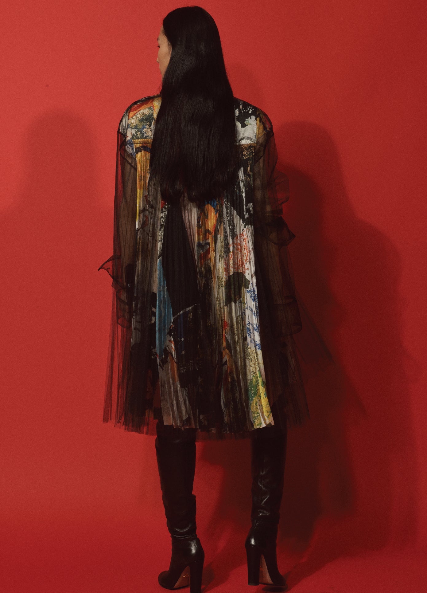MONSE Printed Pleated Top in Black Multi on Model Lookbook Full Back View