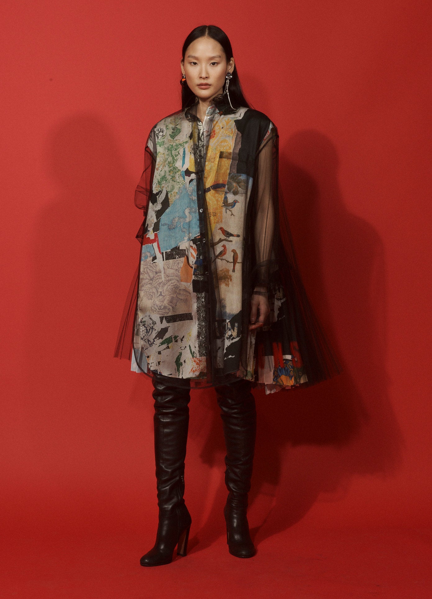 MONSE Printed Pleated Top in Black Multi on Model Lookbook Full Front View
