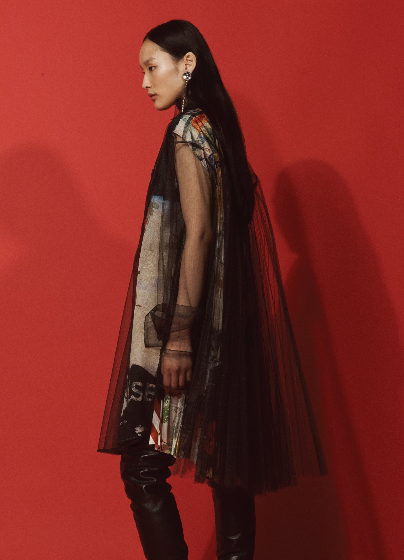 MONSE Printed Pleated Top in Black Multi on Model Lookbook Full Side View