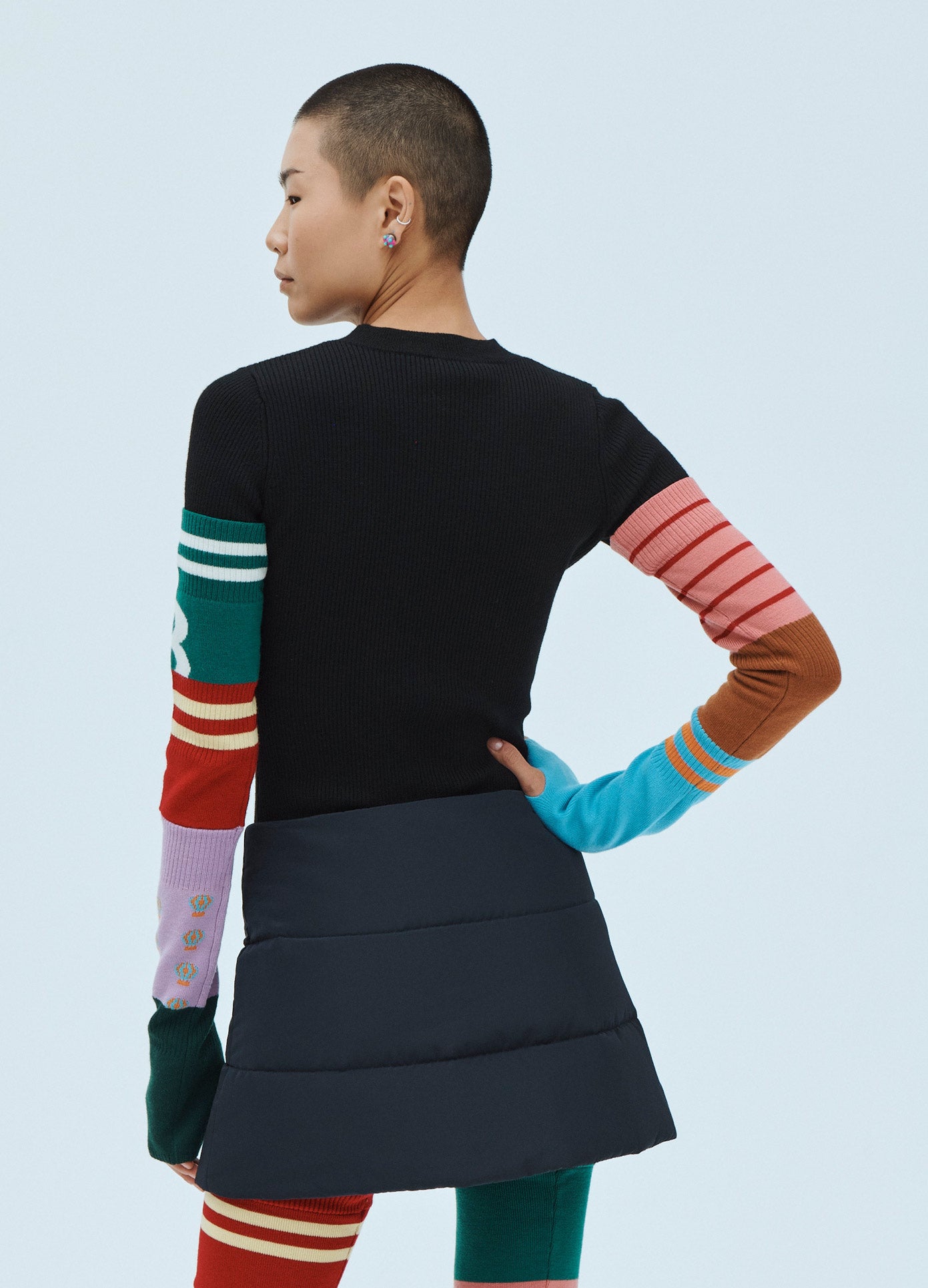MONSE Puffy Techno Mini Skirt in Midnight on Model Back View