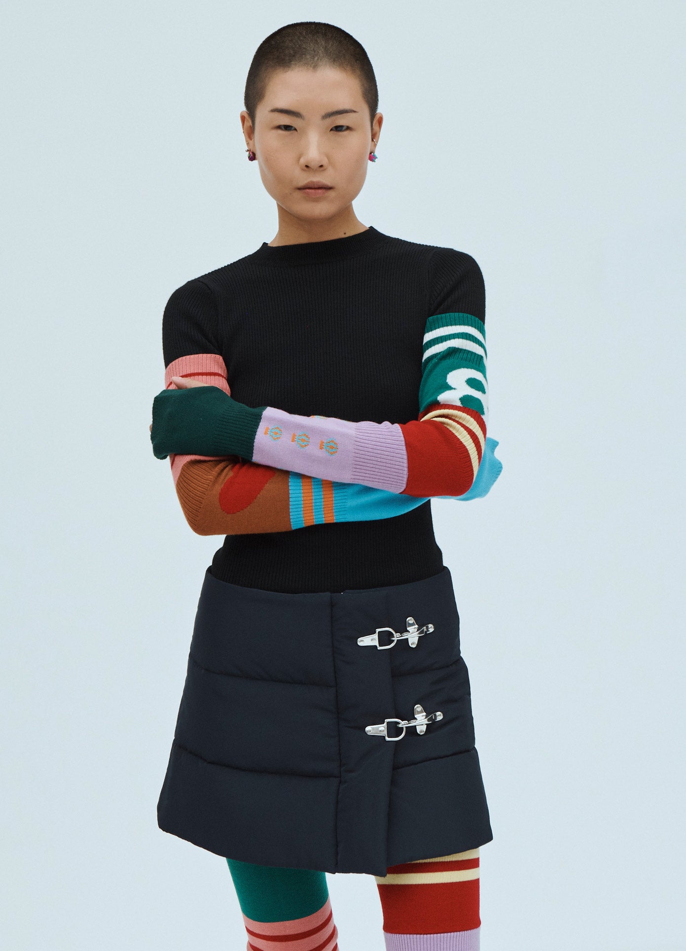 MONSE Puffy Techno Mini Skirt in Midnight on Model Front View