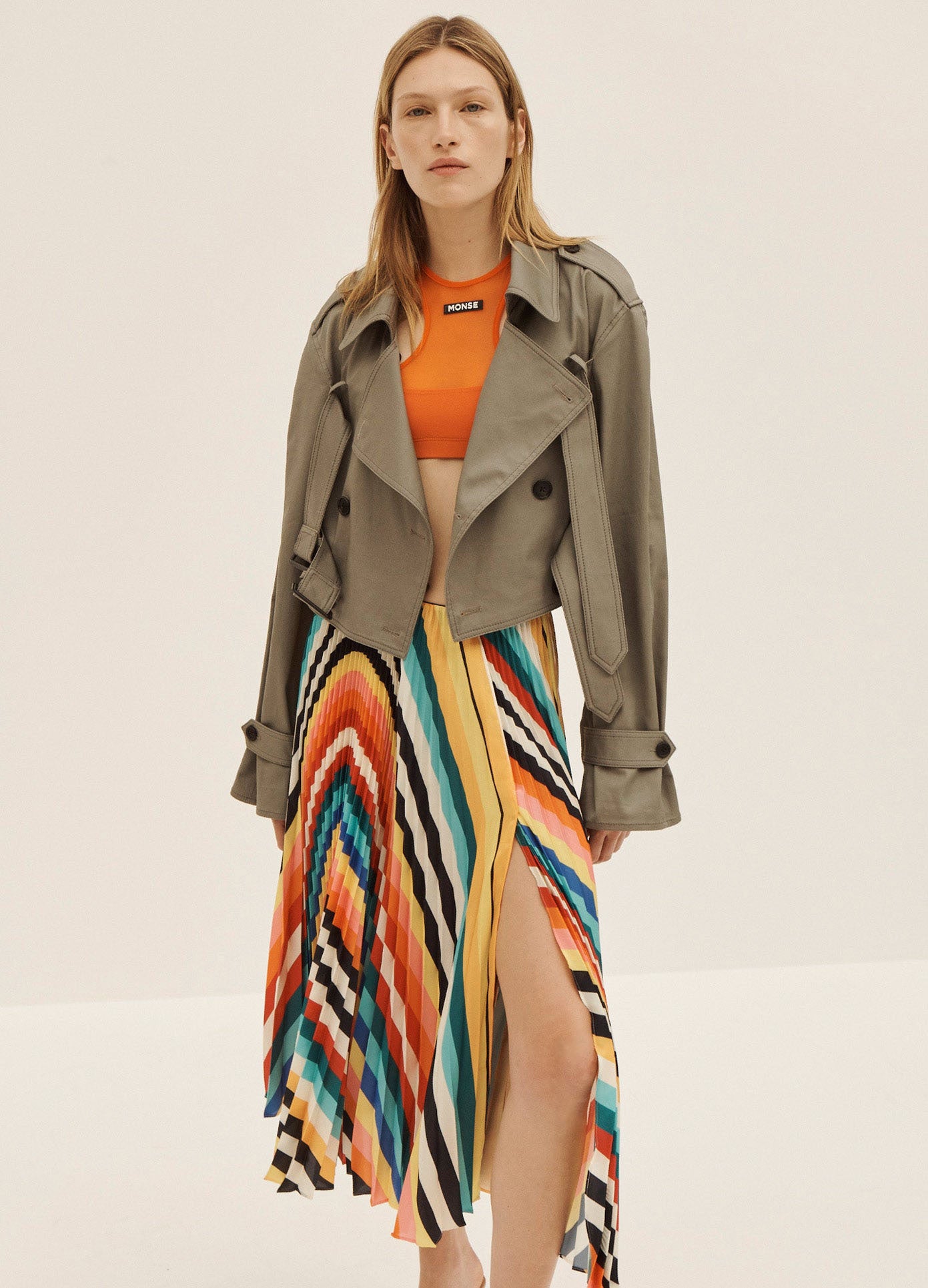 MONSE Rainbow Long Pleated Skirt on Model Front View