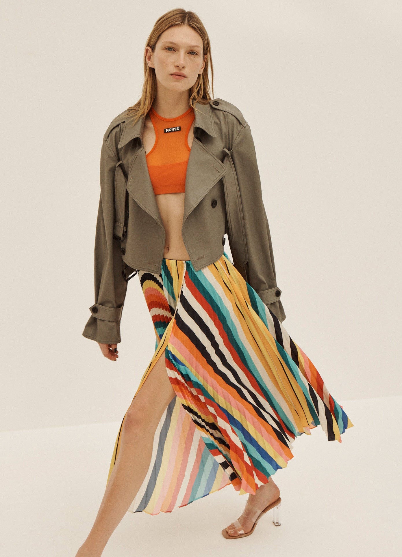 MONSE Rainbow Long Pleated Skirt on Model Walking Front View