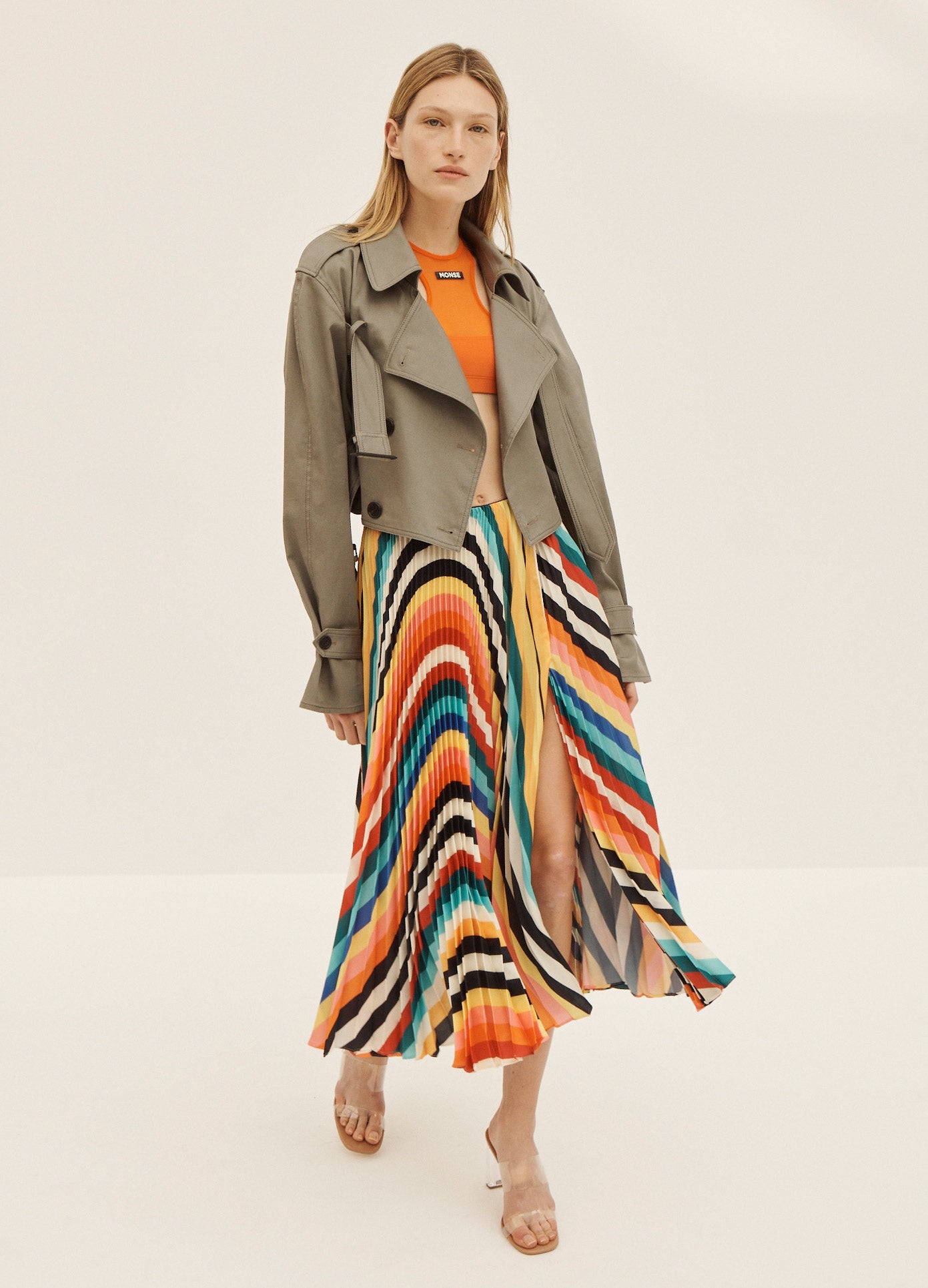 MONSE Rainbow Long Pleated Skirt on Model Walking Full Front View