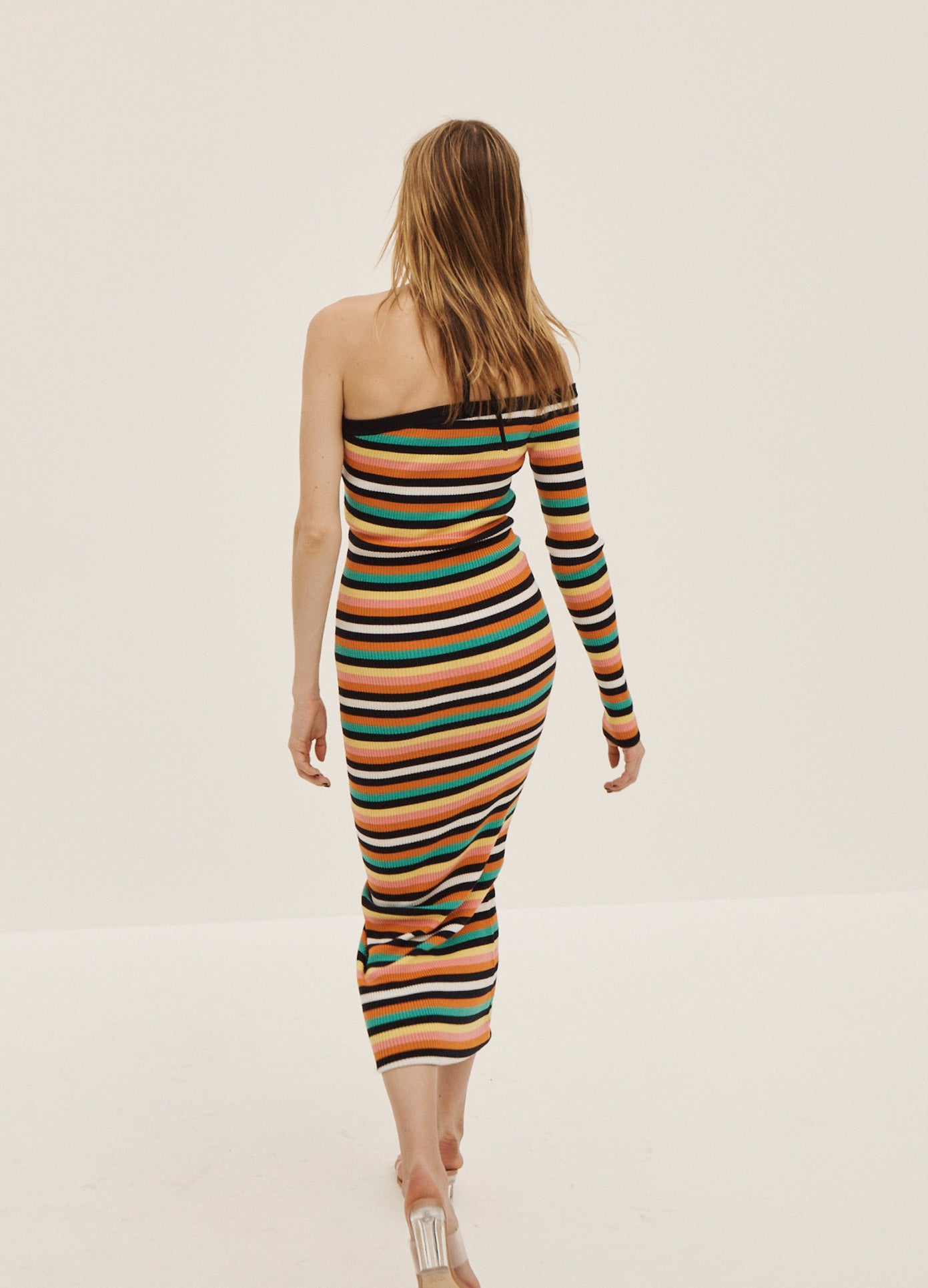 MONSE Rainbow One Sleeve Halter Dress in Rainbow Stripe on Model Back View