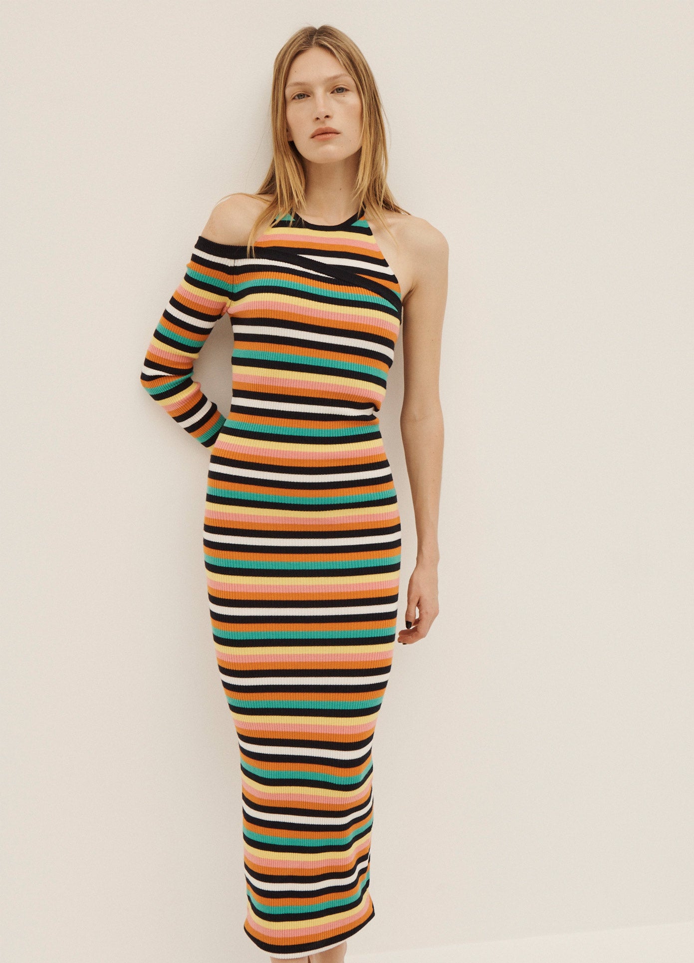 MONSE Rainbow One Sleeve Halter Dress in Rainbow Stripe on Model Front View