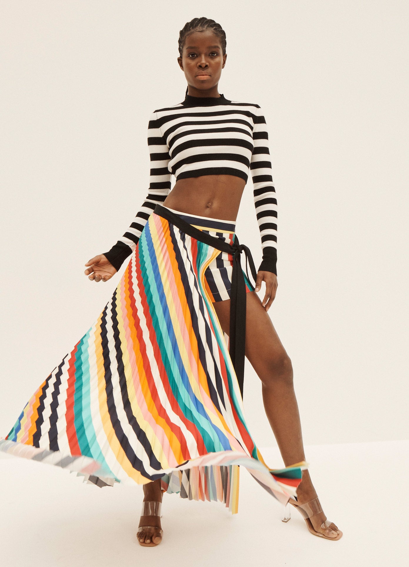 MONSE Rainbow Pleated Shorts in Rainbow on Model Full Front View