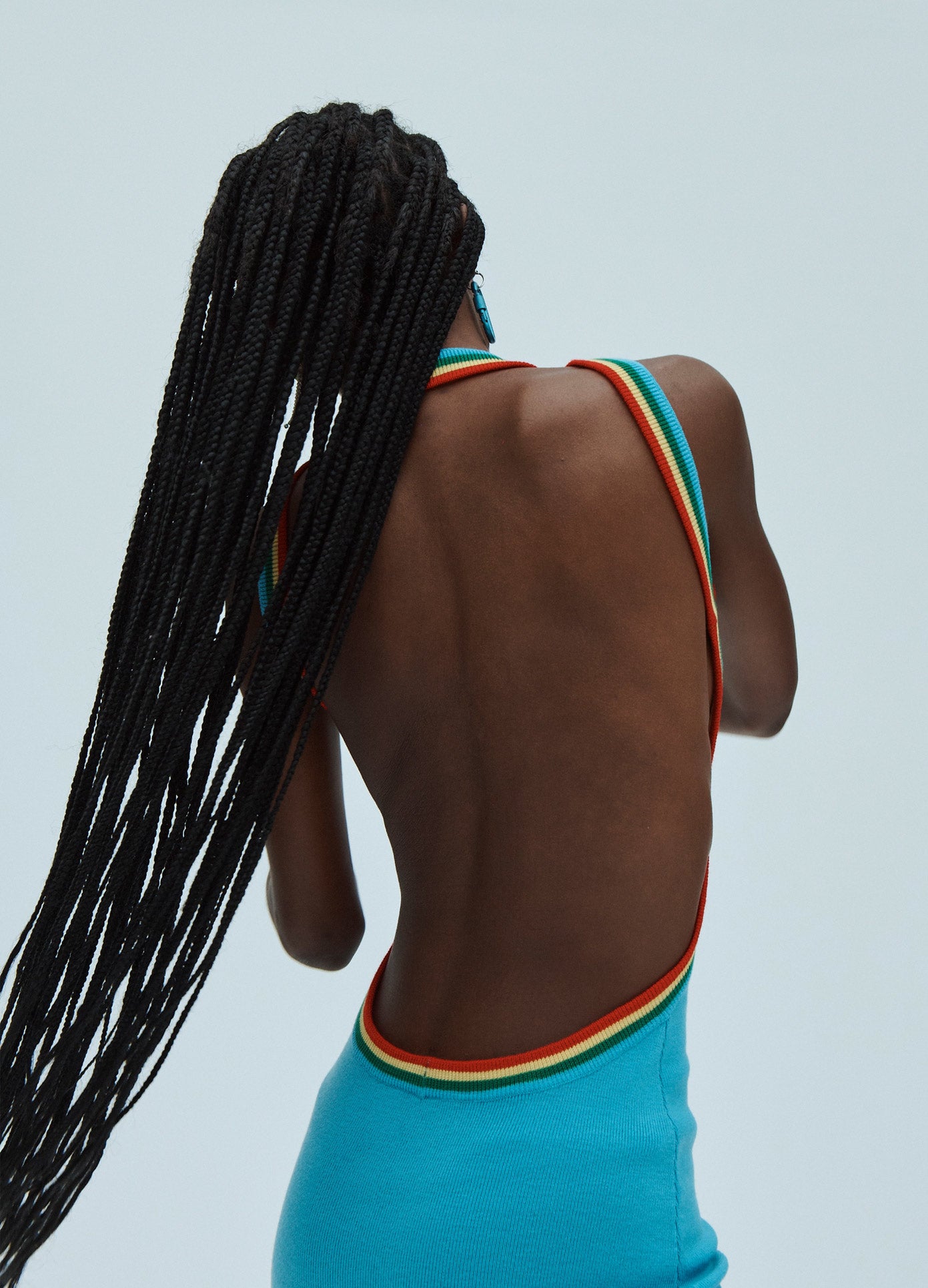 MONSE Rainbow Trim Sleeveless Knit Dress in Blue on Model Back View