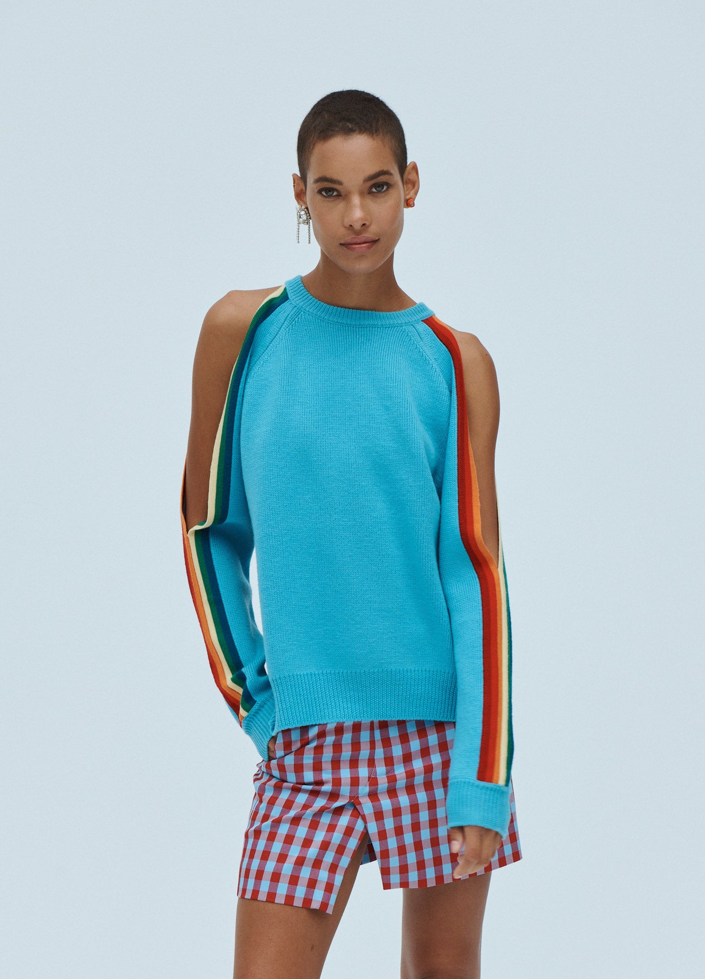 MONSE Rainbow Trim Slit Sleeve Sweater in Blue on Model Front View