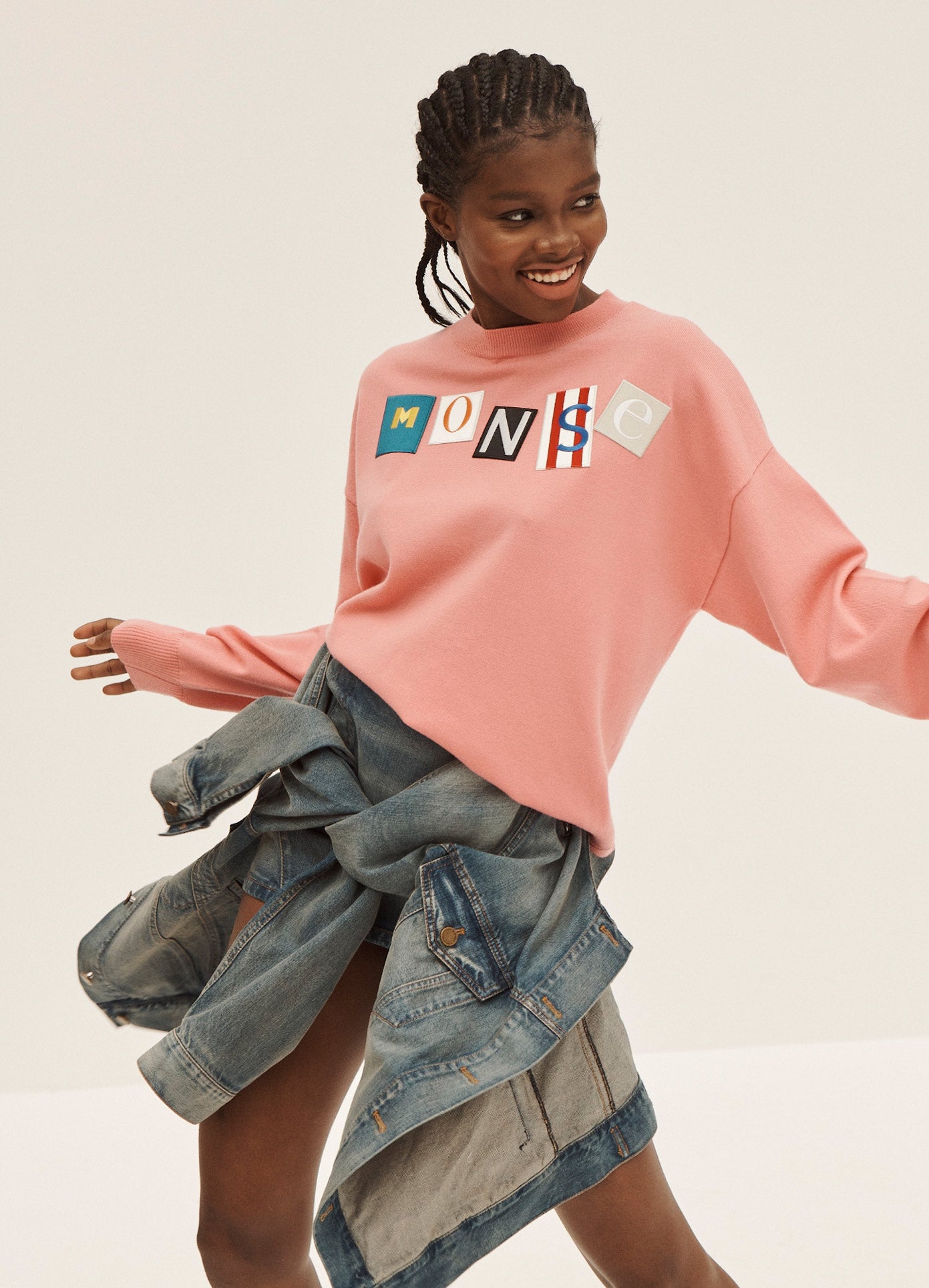 MONSE Ransom Letters Pullover Sweater in Pink on Model Dancing Back View