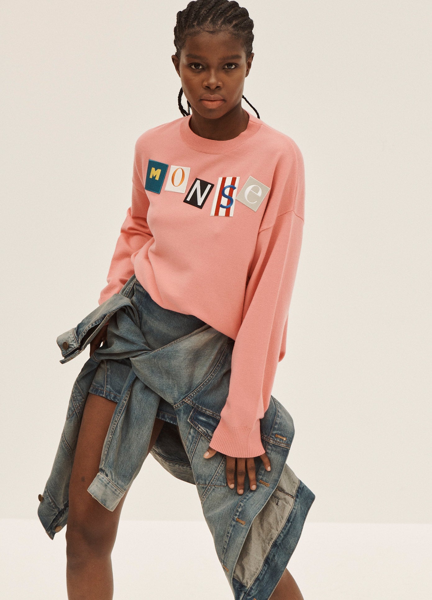 MONSE Ransom Letters Pullover Sweater in Pink on Model Front View