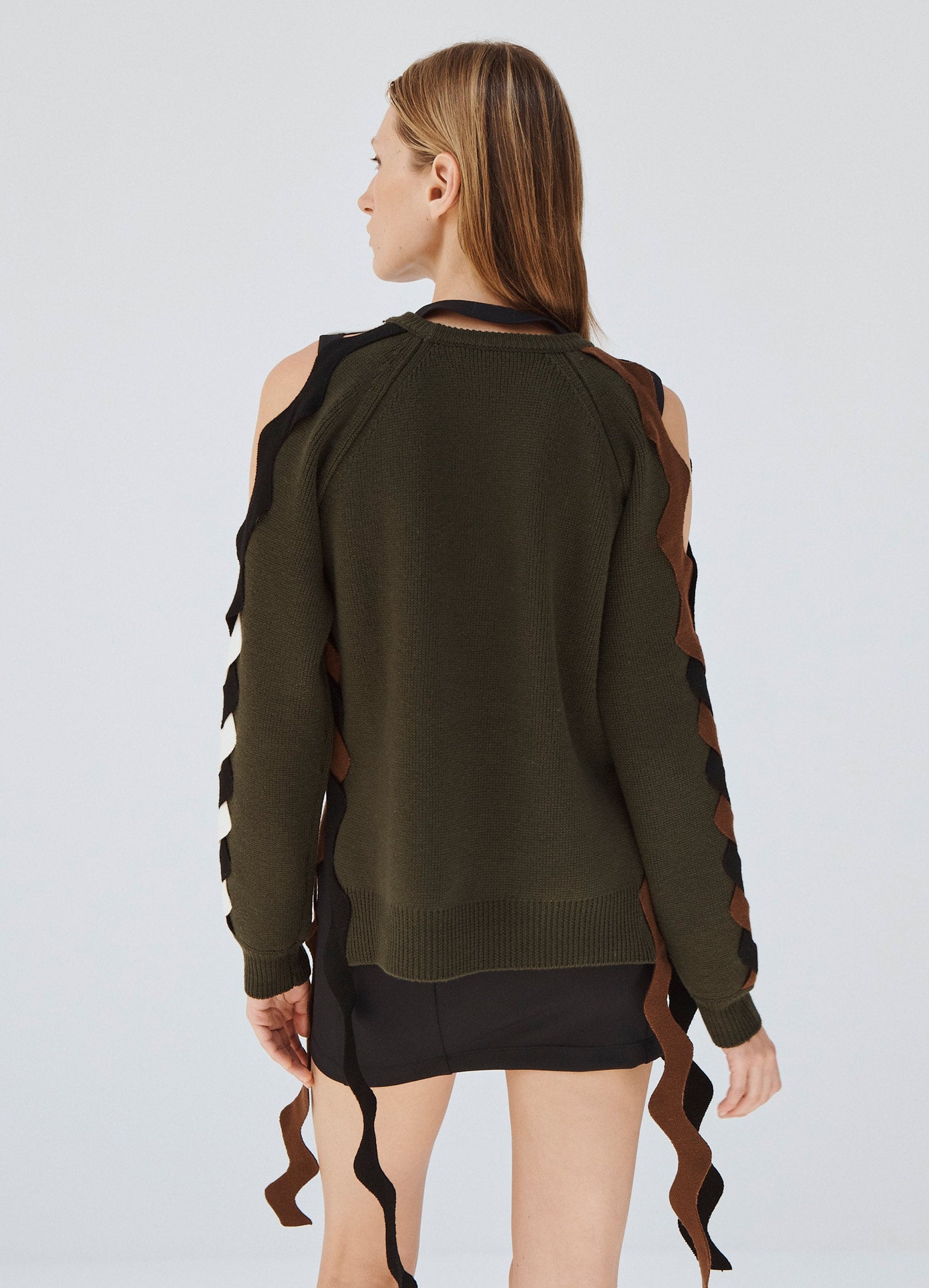 MONSE Ric Rac Sleeve Sweater in Olive on Model Back View