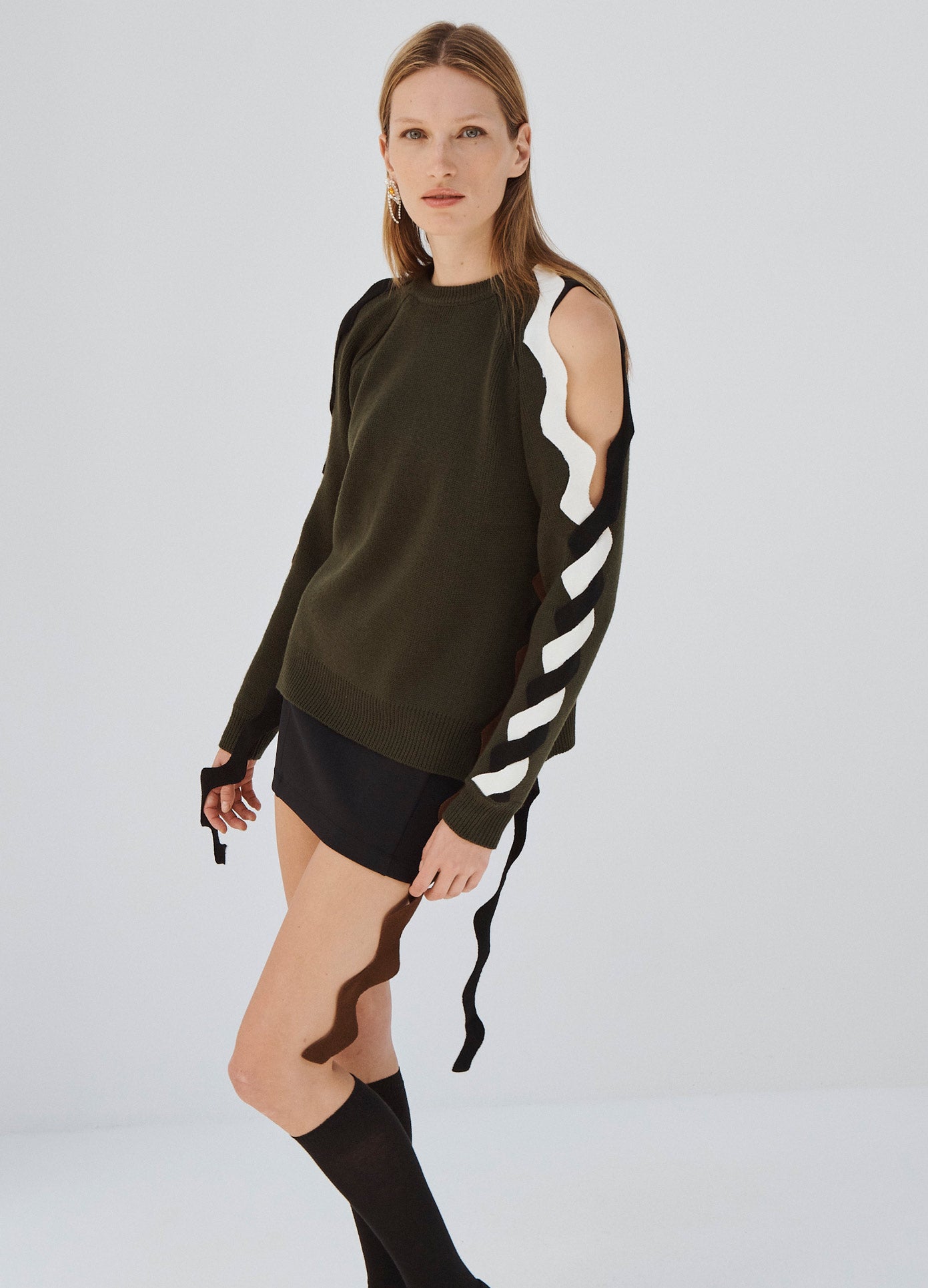 MONSE Ric Rac Sleeve Sweater in Olive on Model Front Aerial View
