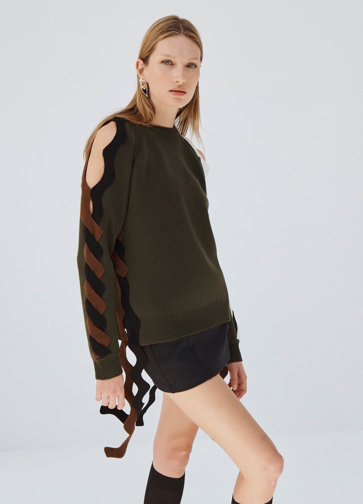 MONSE Ric Rac Sleeve Sweater in Olive on Model Side View