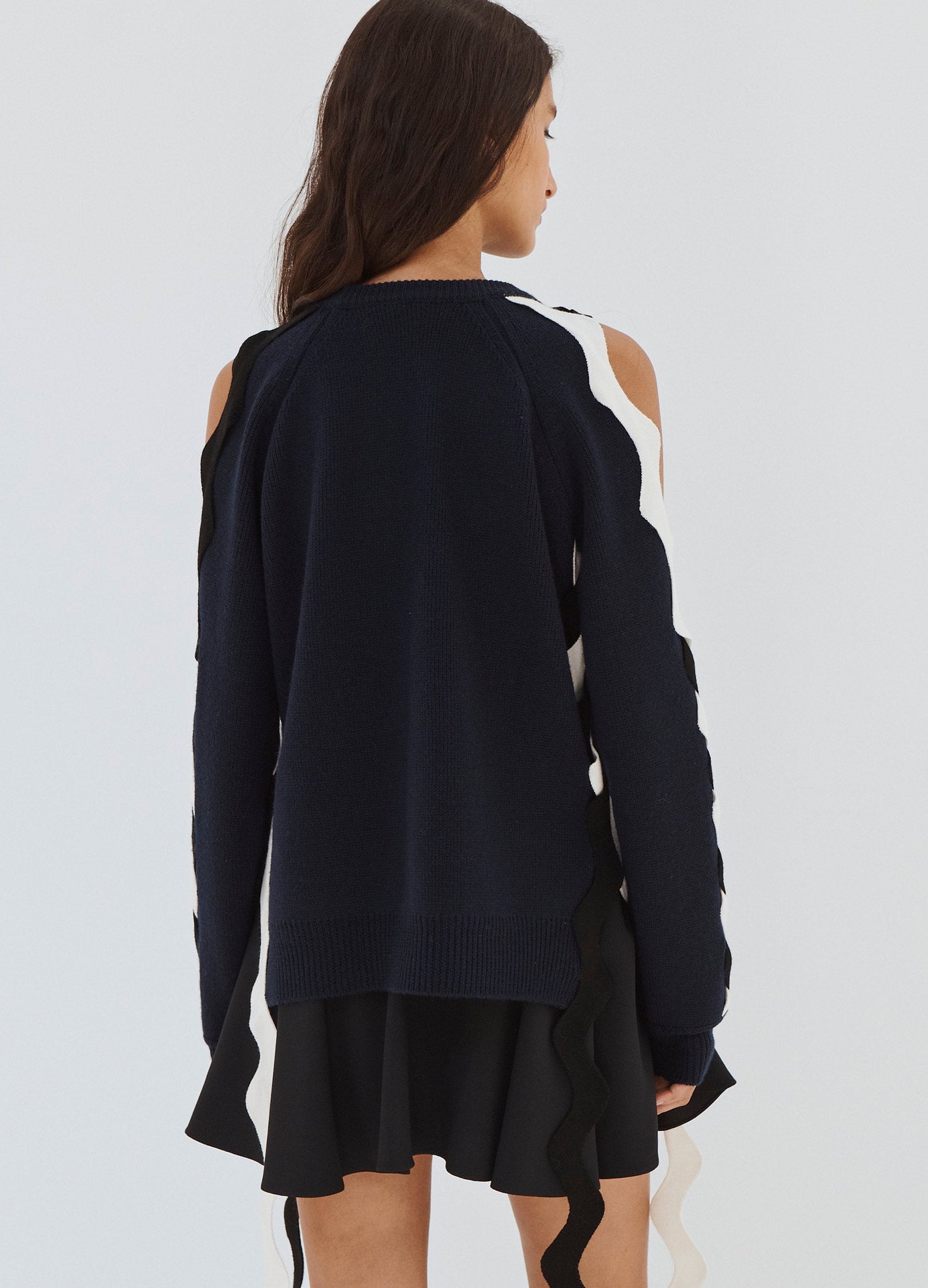 MONSE Ric Rac Sleeve Sweater in Midnight on Model Back View