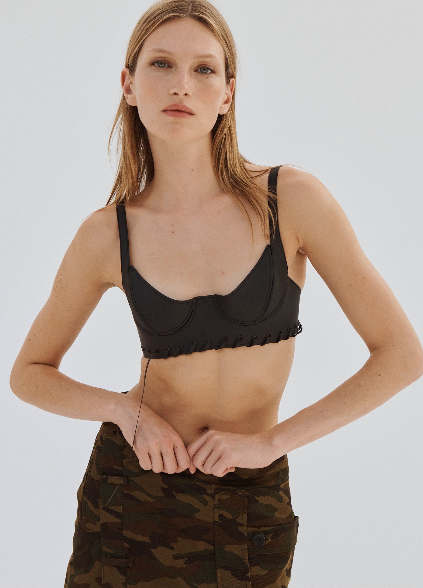 MONSE Rubber Bra Top in Black on Model Front View