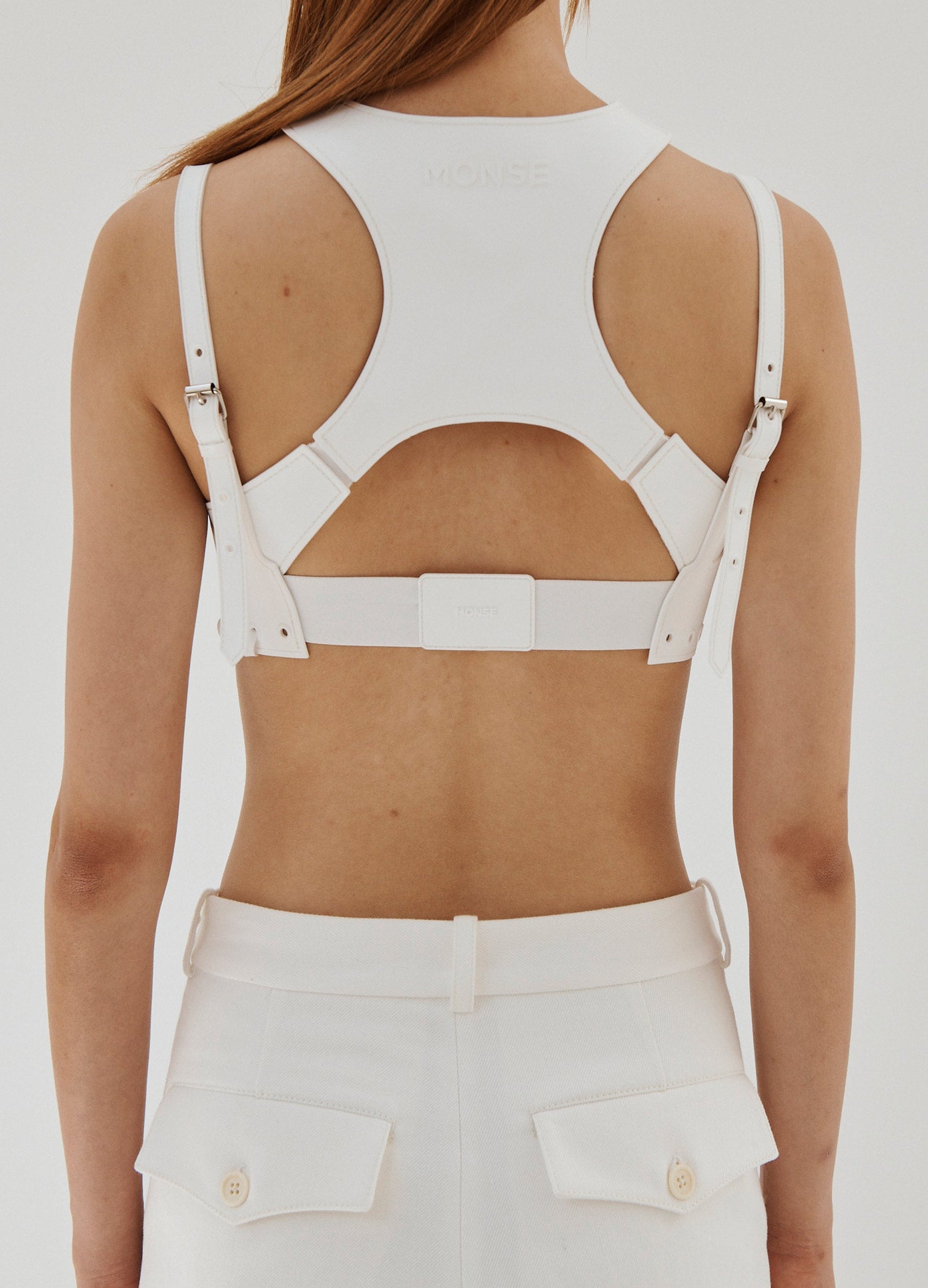 MONSE Rubber Harness in White on Model Back View
