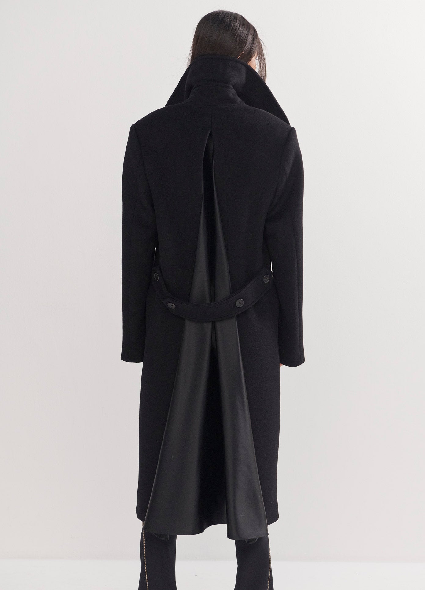 MONSE Satin Back Inset Coat in Black on Model Back View